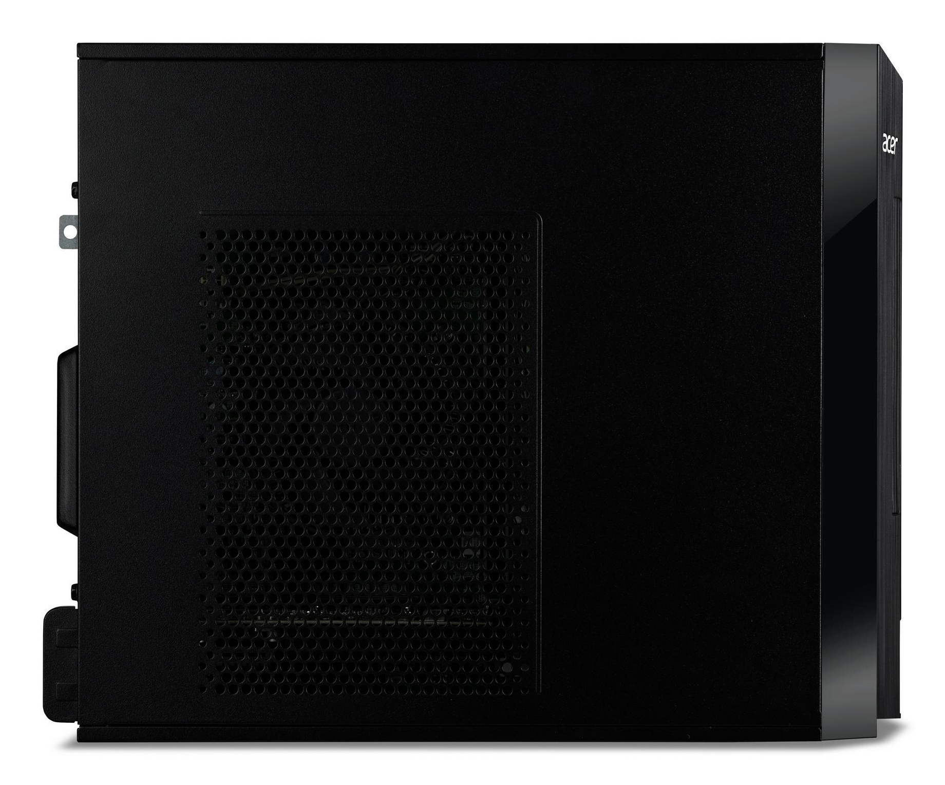 Vista laterale di un case per computer desktop nero. Il case ha una griglia a rete e un logo Acer.
