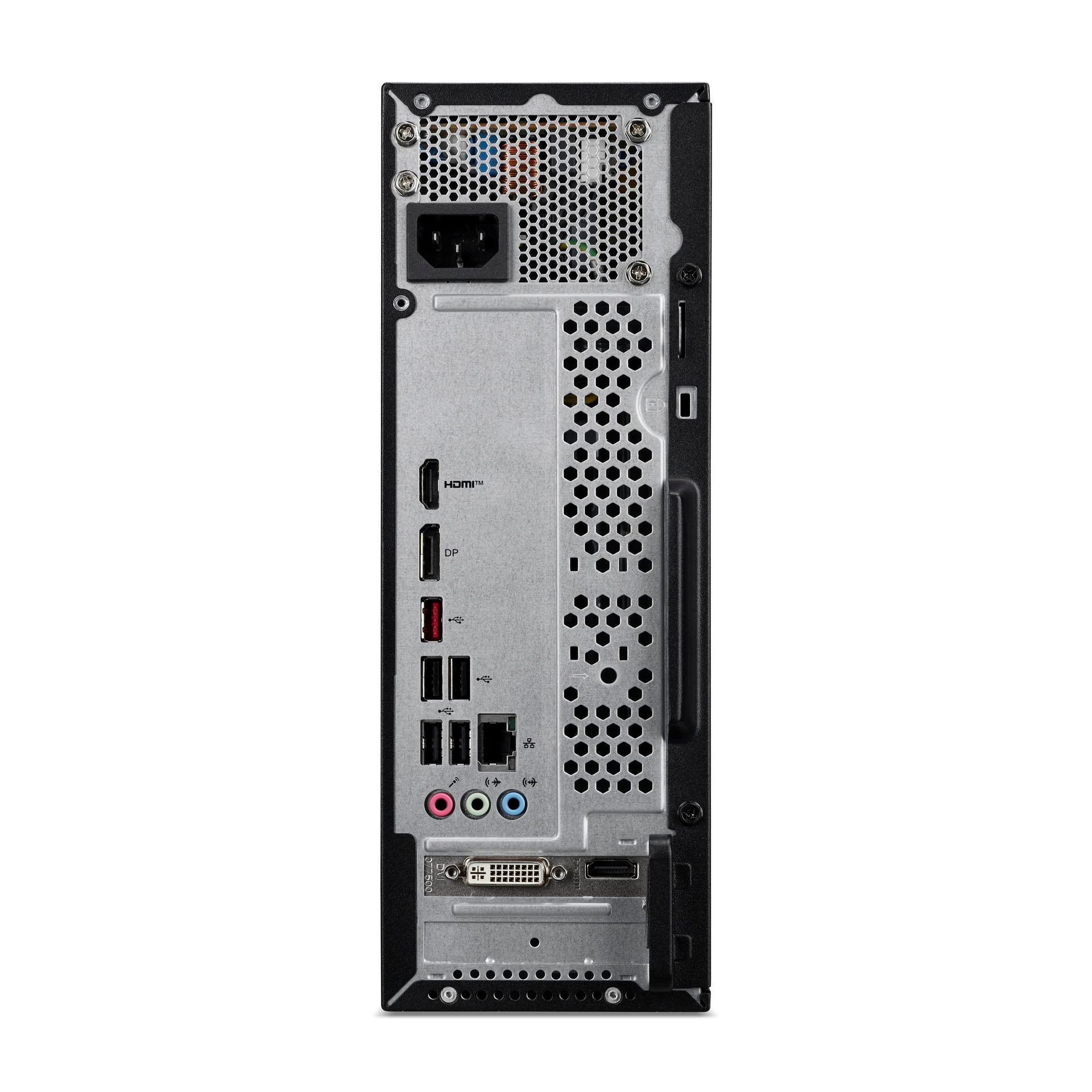 Vista posteriore di un computer desktop con varie porte e connettori visibili. È un dispositivo nero con dettagli argentati.