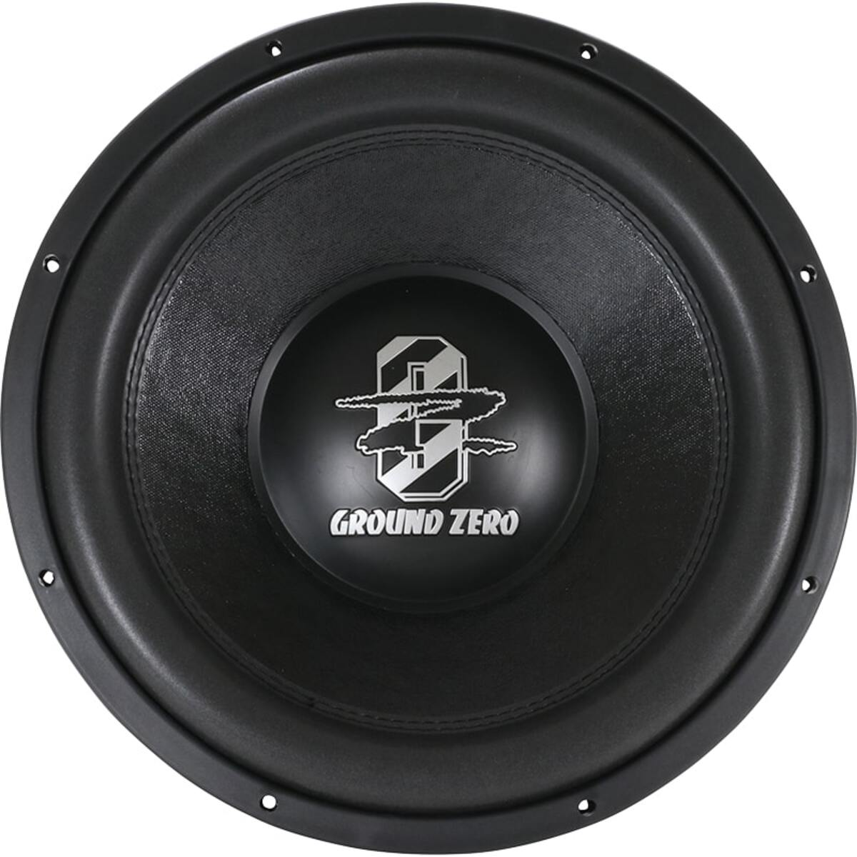 Ein schwarzer Ground Zero Subwoofer von vorne. Der Markenname und das Logo sind prominent im Zentrum dargestellt.