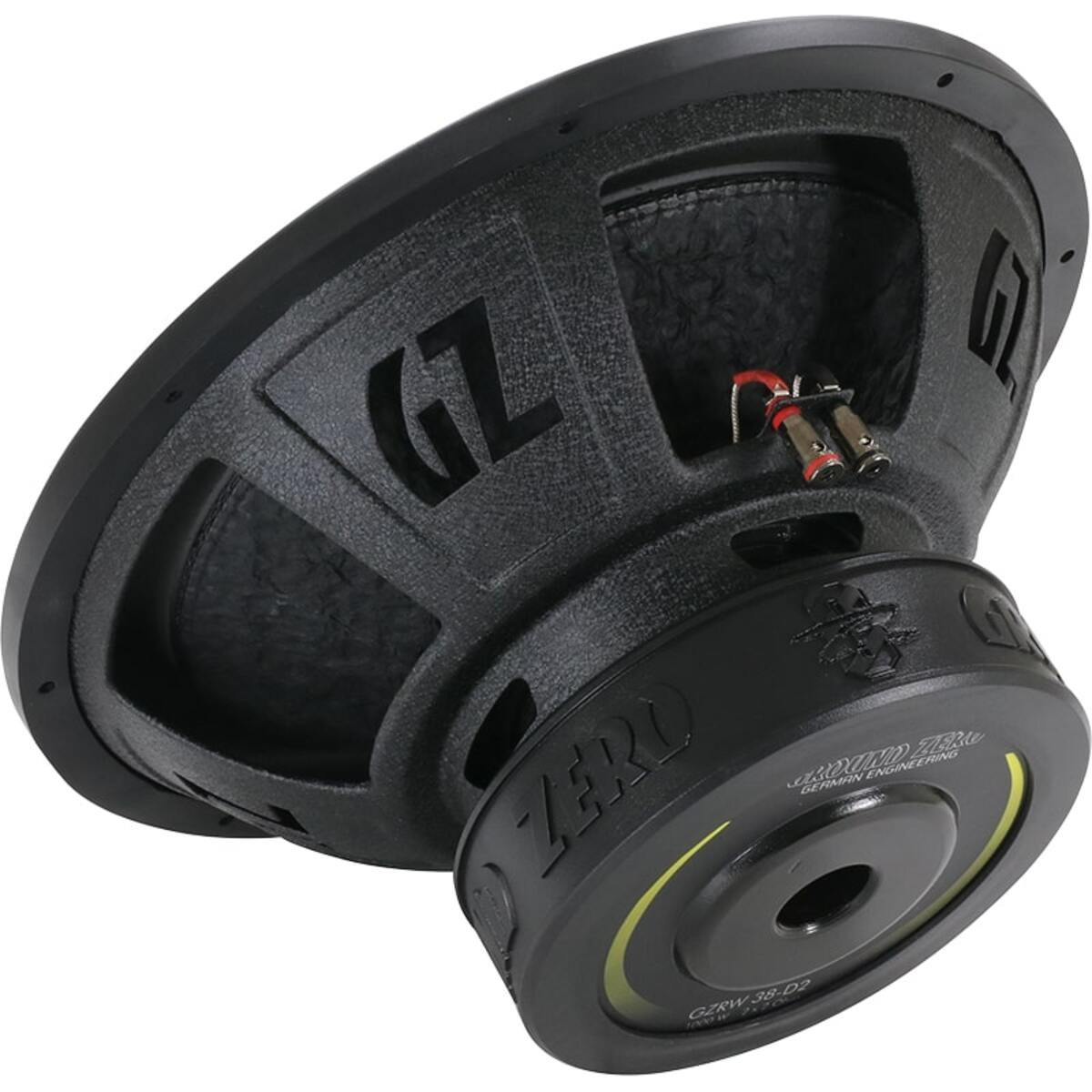 Ein schwarzer Ground Zero Subwoofer. Er hat die Buchstaben "GZ" und "ZERO". Er hat rote und schwarze Anschlüsse. Ein gelber Ring ist sichtbar.