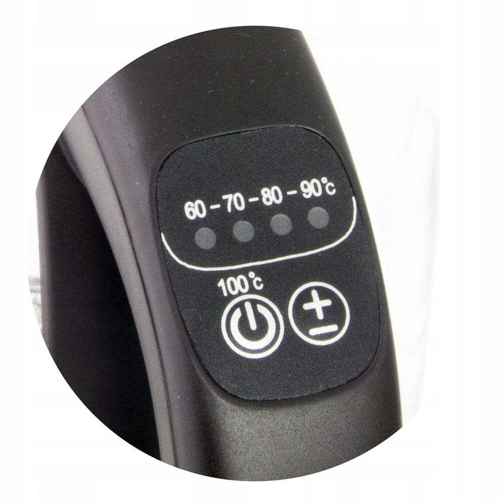 Zbliżenie na panel sterowania czajnika elektrycznego. Ma ustawienia temperatury i przyciski zasilania.