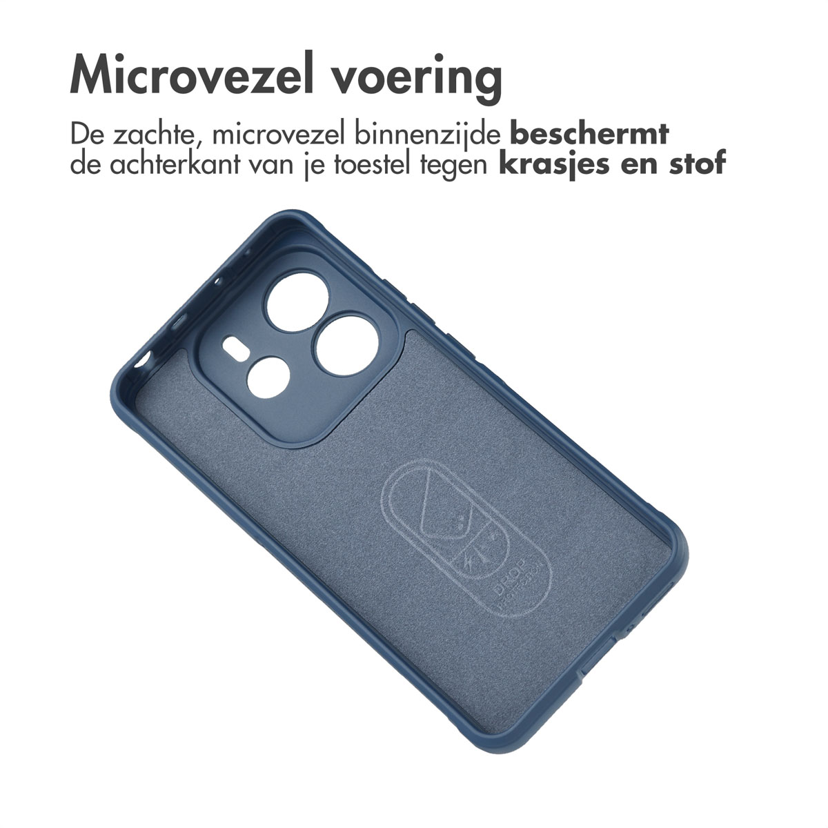 De afbeelding toont een telefoonhoesje met een zacht interieur. De hoes is blauw met een grijs interieur.