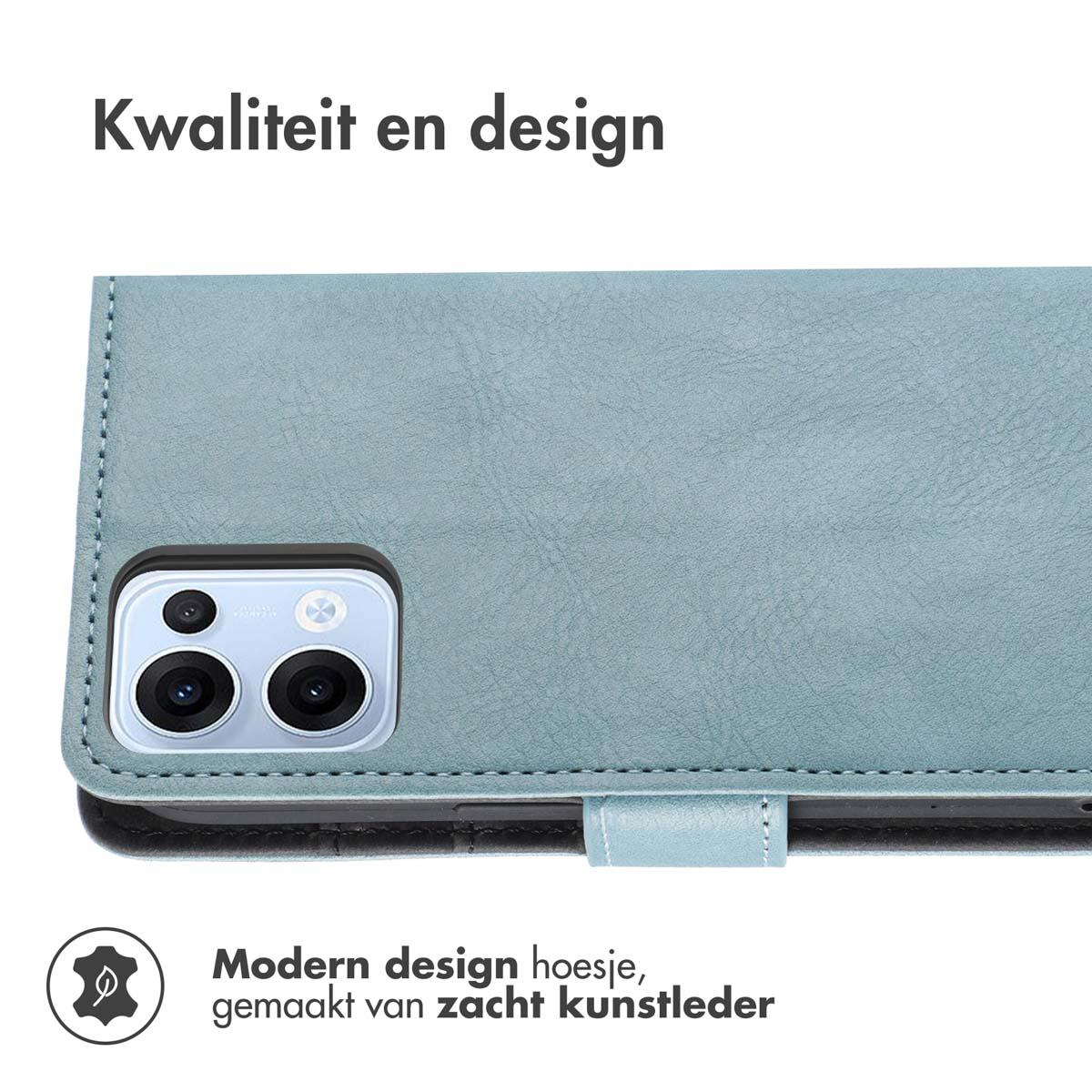 Une coque de téléphone ouverte, en cuir sarcelle, est montrée. L'étui a une fermeture magnétique et une fonction de support.