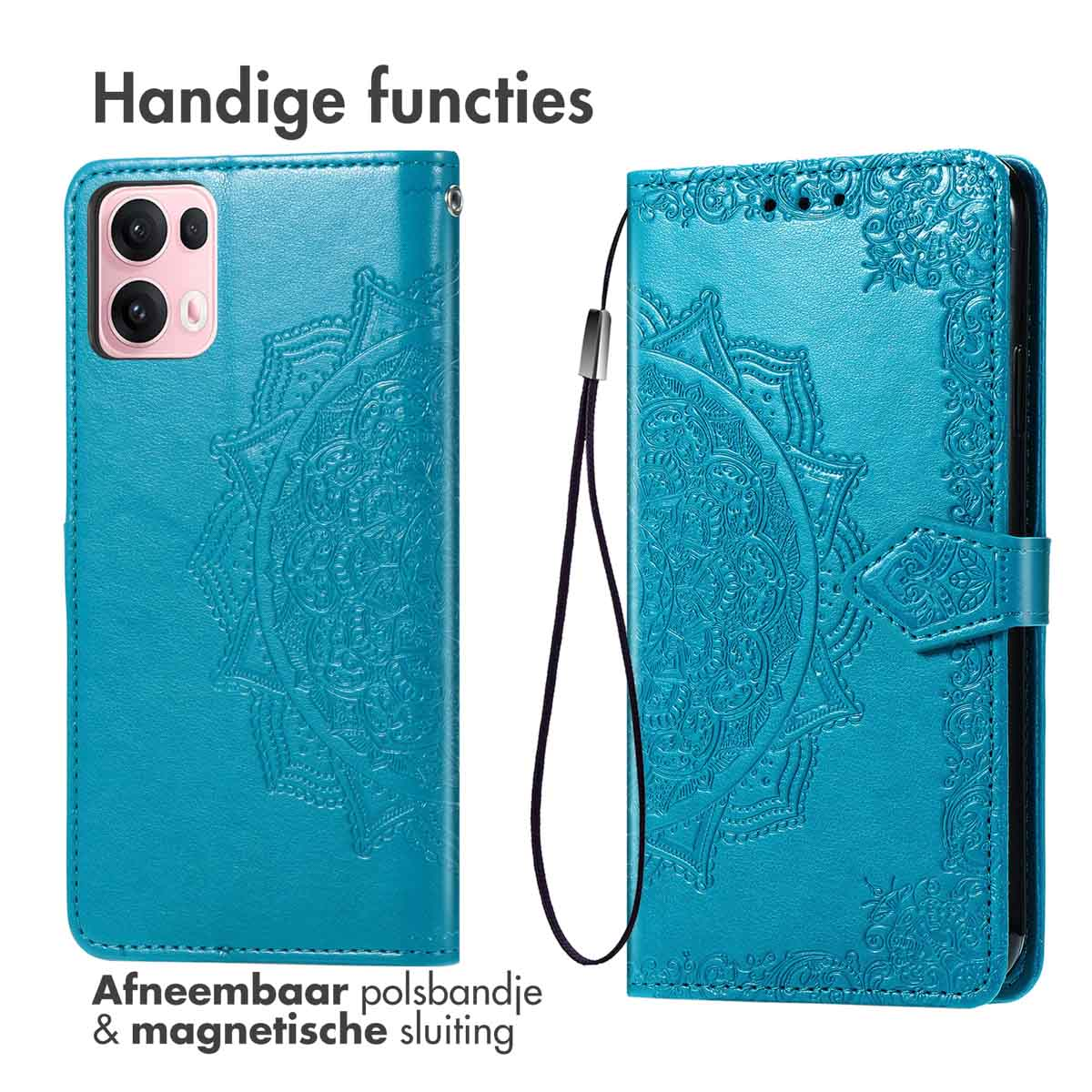 Een blauw telefoonhoesje met een mandala-ontwerp wordt open getoond. Voorzien van een polsbandje en magnetische sluiting.