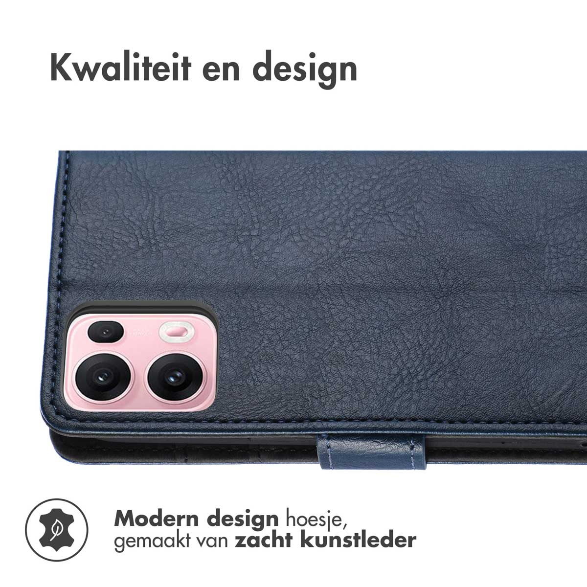 Coque de téléphone bleu foncé avec caméra, en similicuir souple, avec un design moderne.