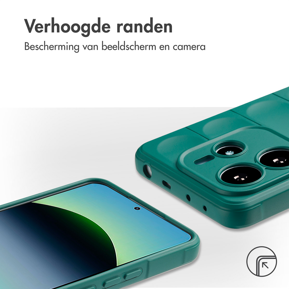 Coque de téléphone verte avec un téléphone à l'intérieur et un protecteur d'écran vert, avec un fond blanc.