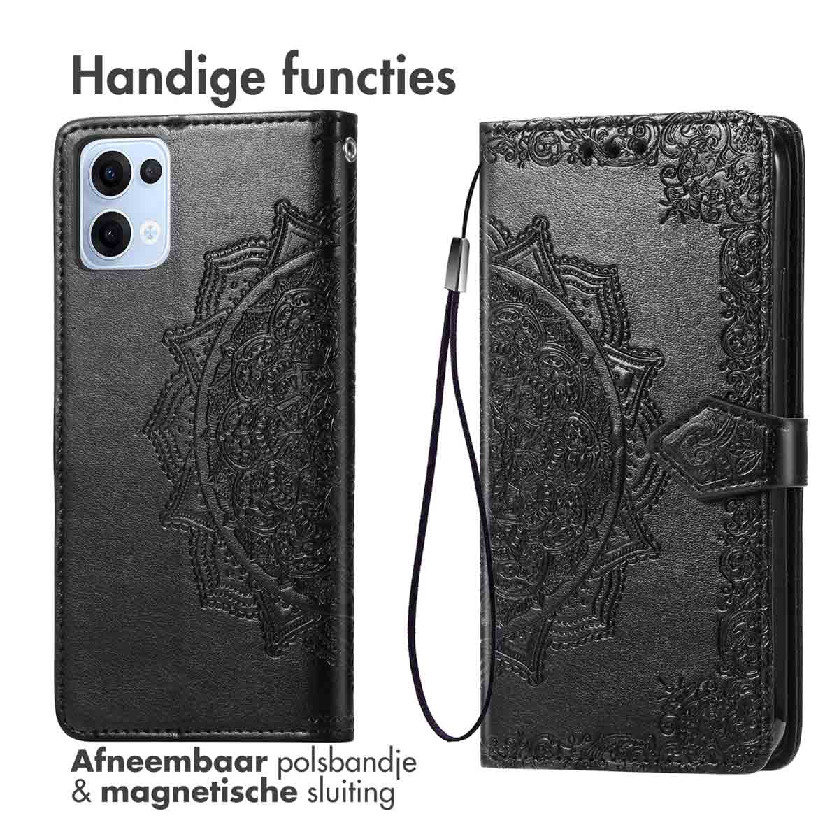 Coque de téléphone noire avec un motif mandala, avec une dragonne et une fermeture magnétique.