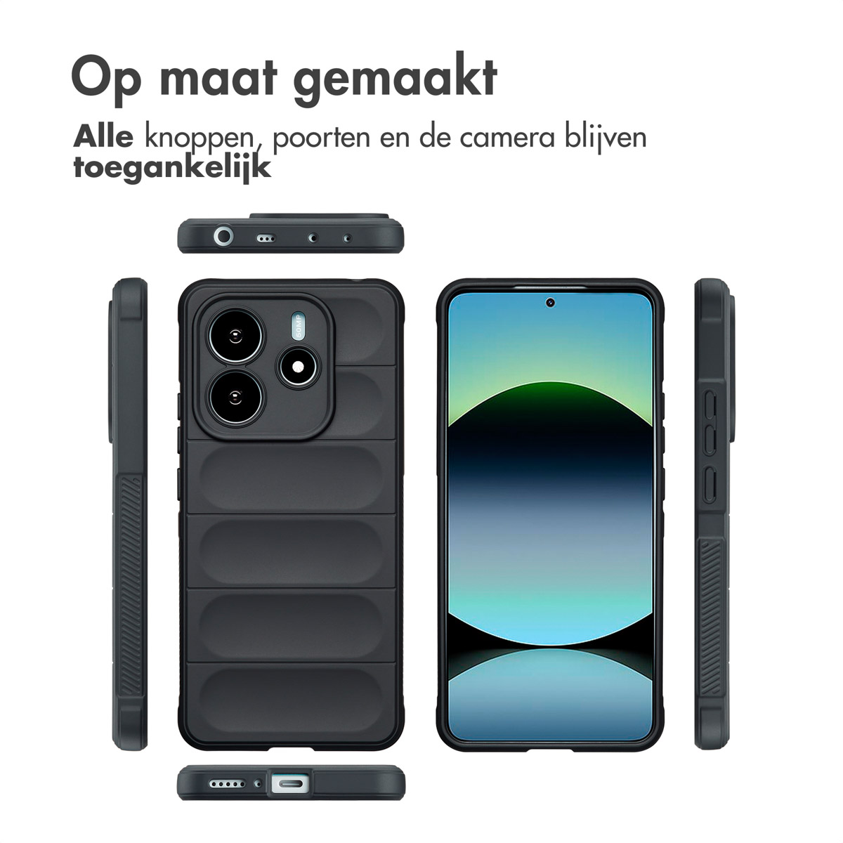 Zwarte telefoonhoes met een gestructureerd design, met een telefoon erin, en verschillende aanzichten.