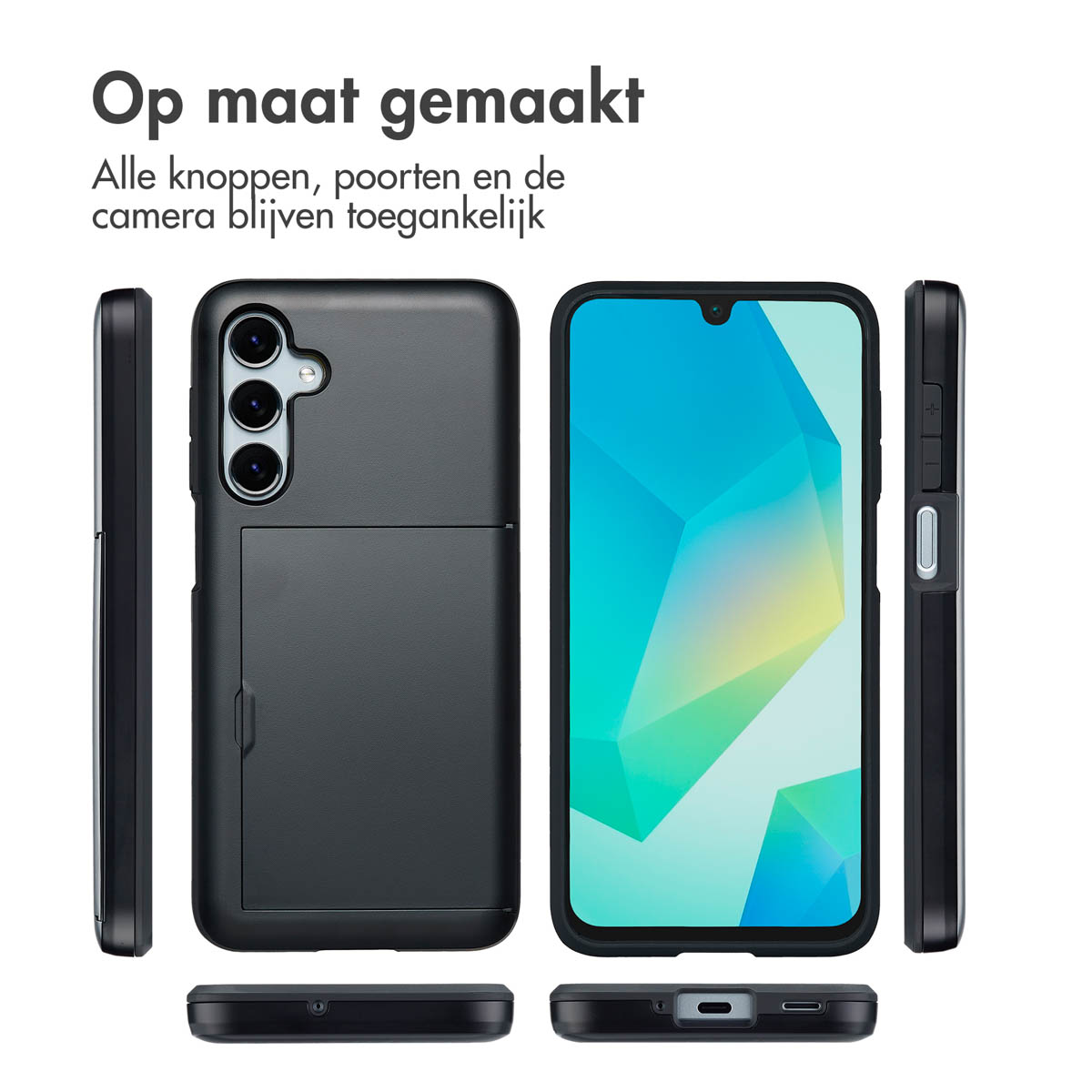 Verschillende aanzichten van een zwart telefoonhoesje met een telefoon erin. Toont de voor-, achter-, boven- en zijkanten van de hoes.