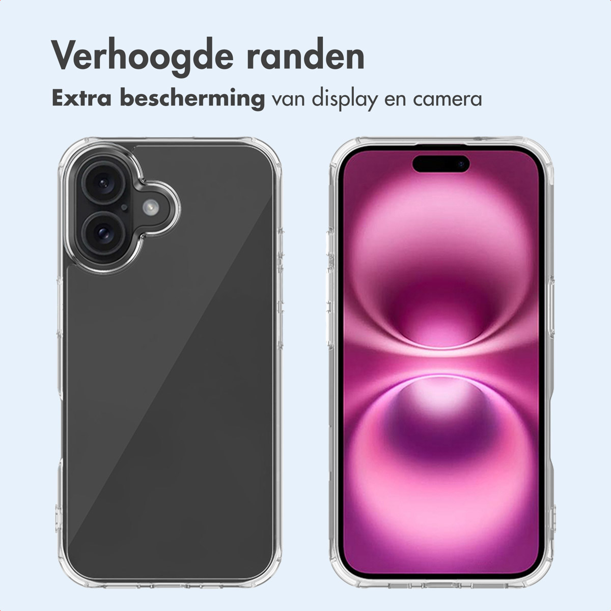Twee doorzichtige telefoonhoesjes met een telefoon erin. Witte achtergrond. Het hoesje heeft verhoogde randen.