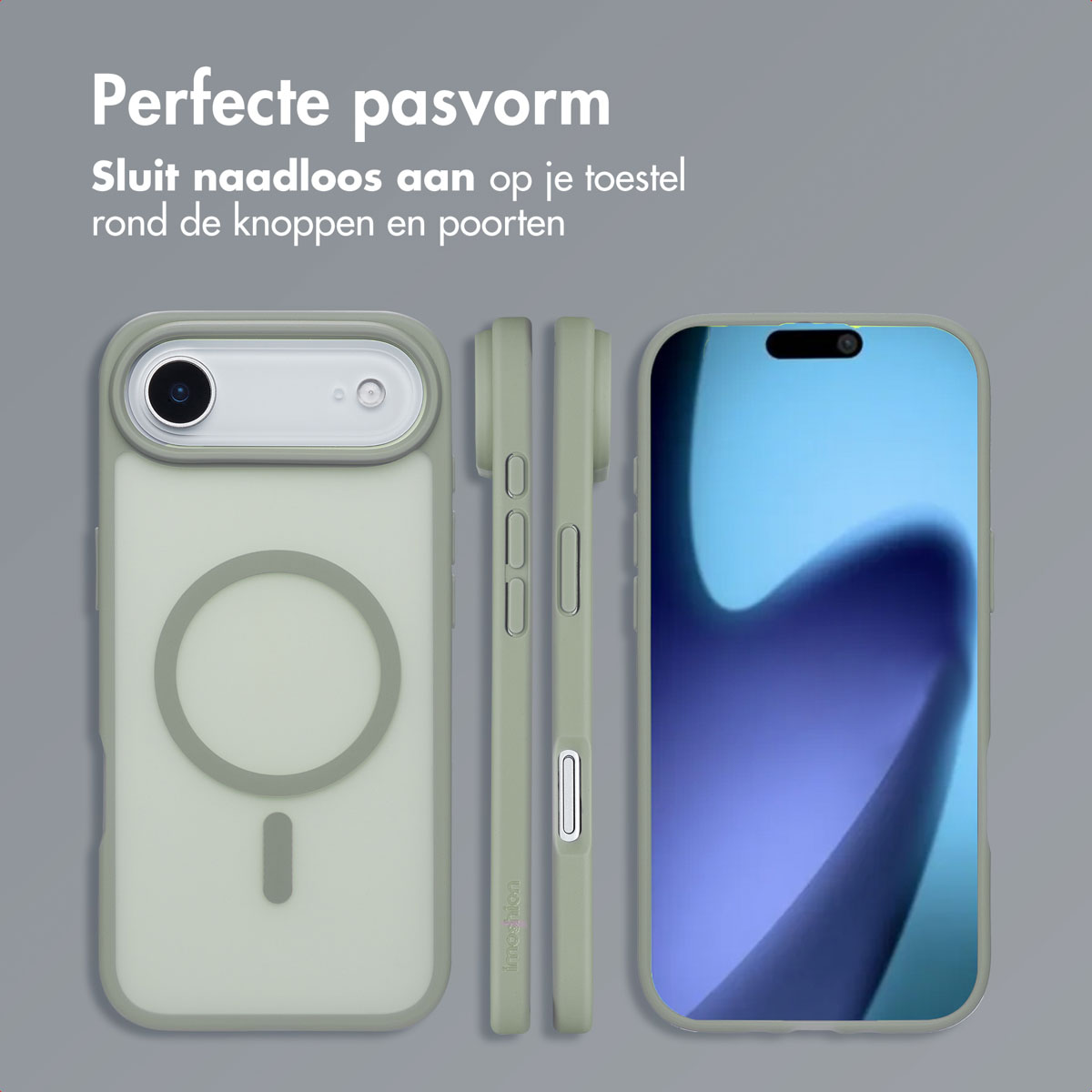Telefoonhoesje met perfecte pasvorm, die de telefoon in de hoes toont. De hoes is lichtgroen.