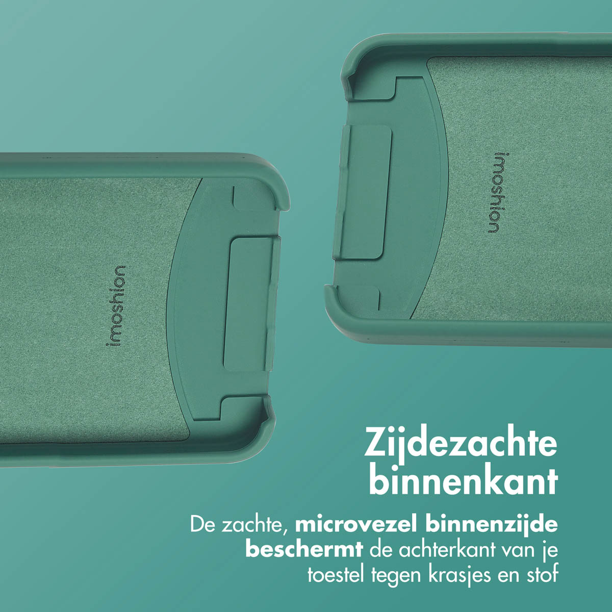 Twee open delen van een telefoonhoesje worden getoond. De binnenkant heeft een zacht, groen materiaal.