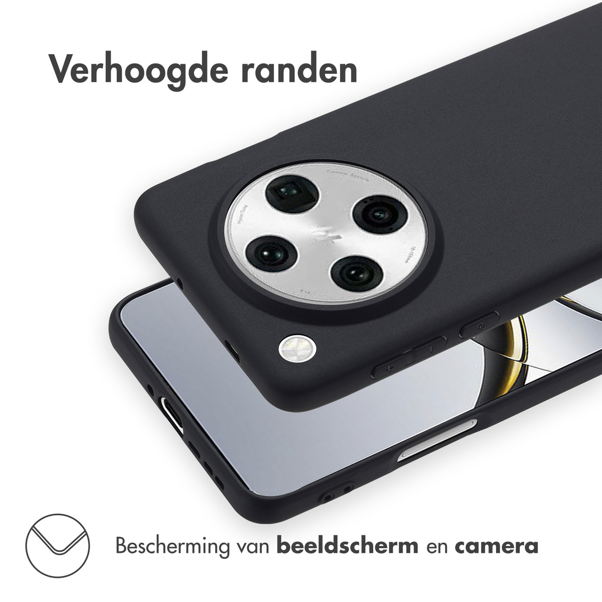 Una custodia per telefono con la fotocamera del telefono visibile. Il telefono è nero e poggia su una custodia.