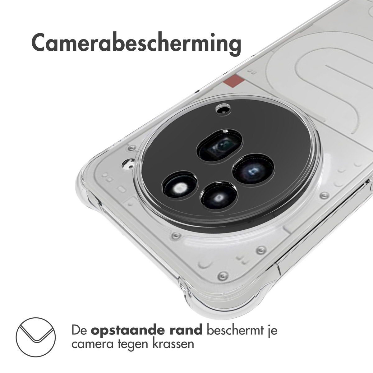 Een doorzichtige telefoonhoes met een zichtbare camera. De hoes beschermt de camera tegen krassen.