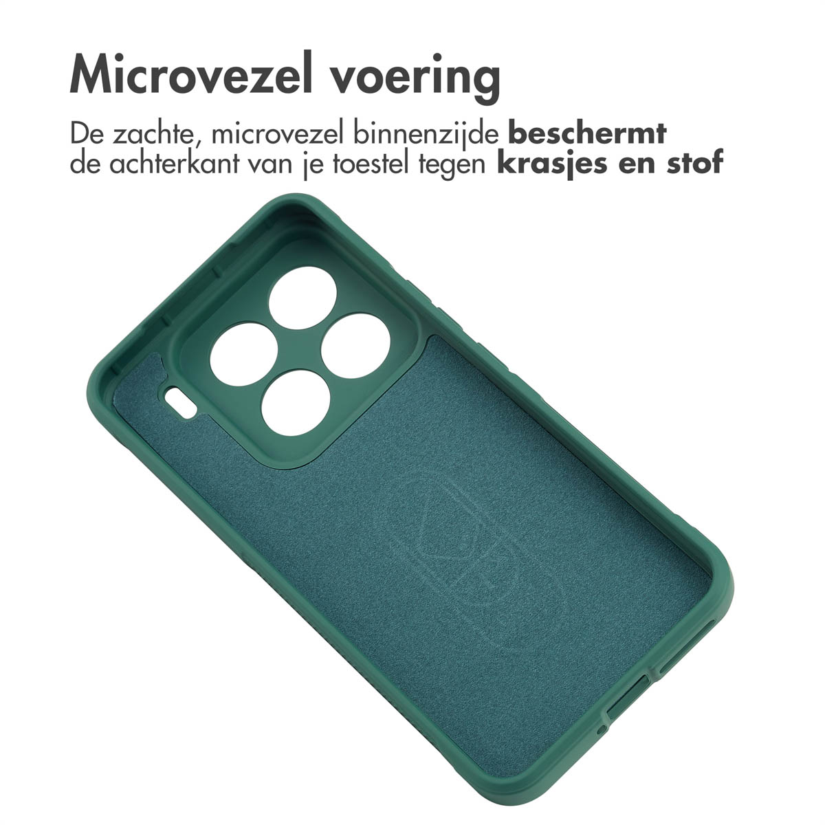 Intérieur d'un étui de téléphone sarcelle, montrant l'intérieur de l'étui. L'étui a une découpe pour la caméra.