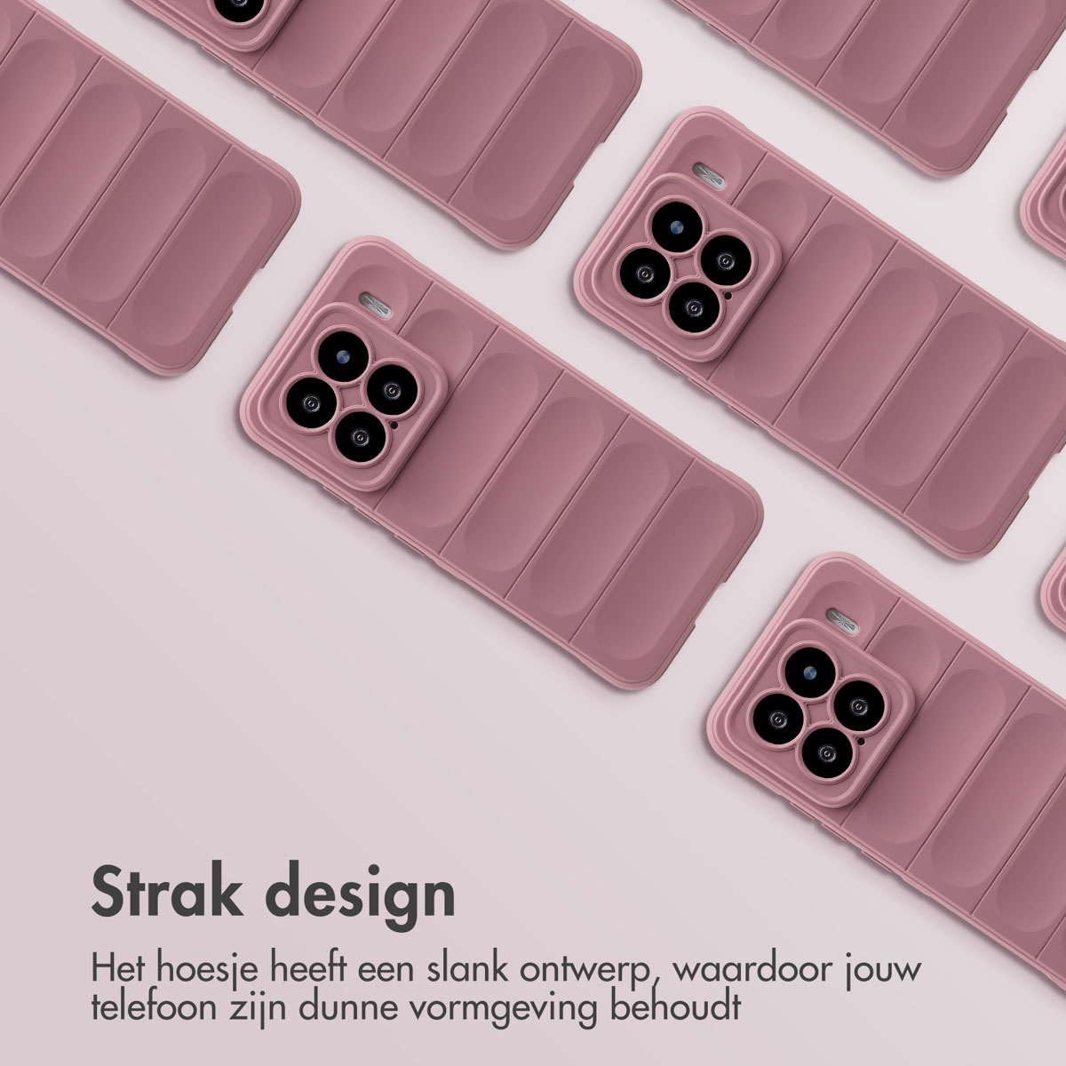 Roze telefoonhoesjes op een oppervlak gerangschikt. De hoesjes zijn roze met een camera-uitstulping.