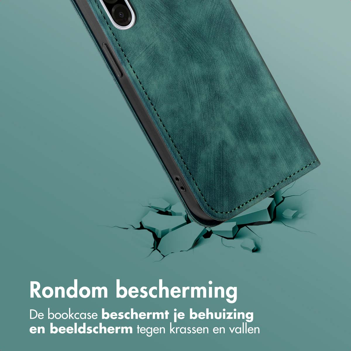 Une coque de téléphone sarcelle est montrée avec un téléphone à l'intérieur. La coque tombe sur une surface, la fissurant.