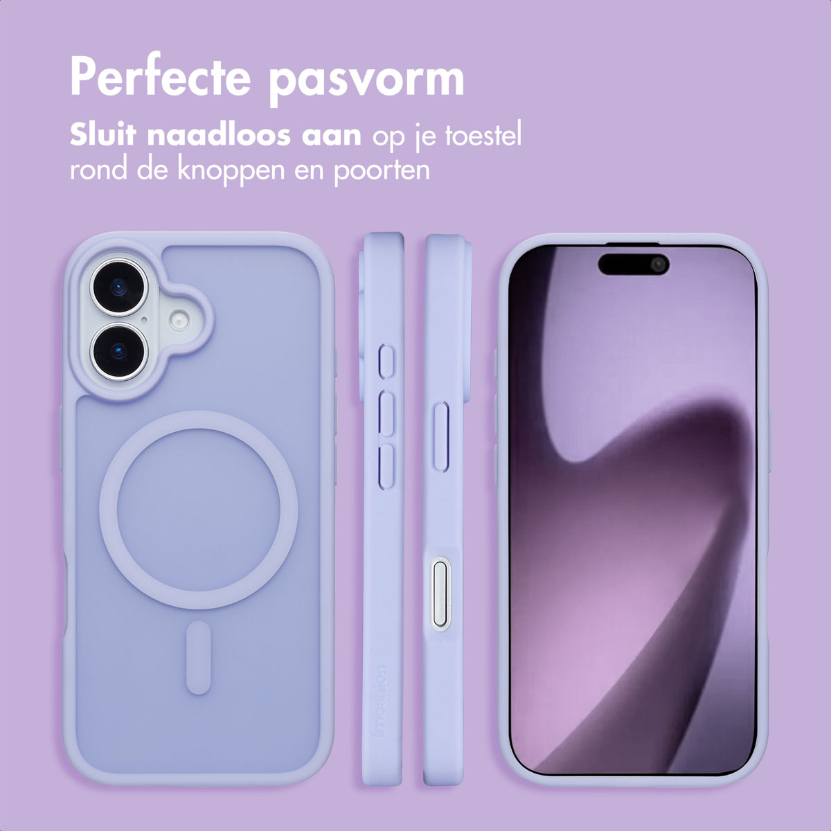 Vier telefoonhoesjes, drie op een rij en één aan de zijkant. Ze zijn lichtpaars en hebben een camera-uitsparing.