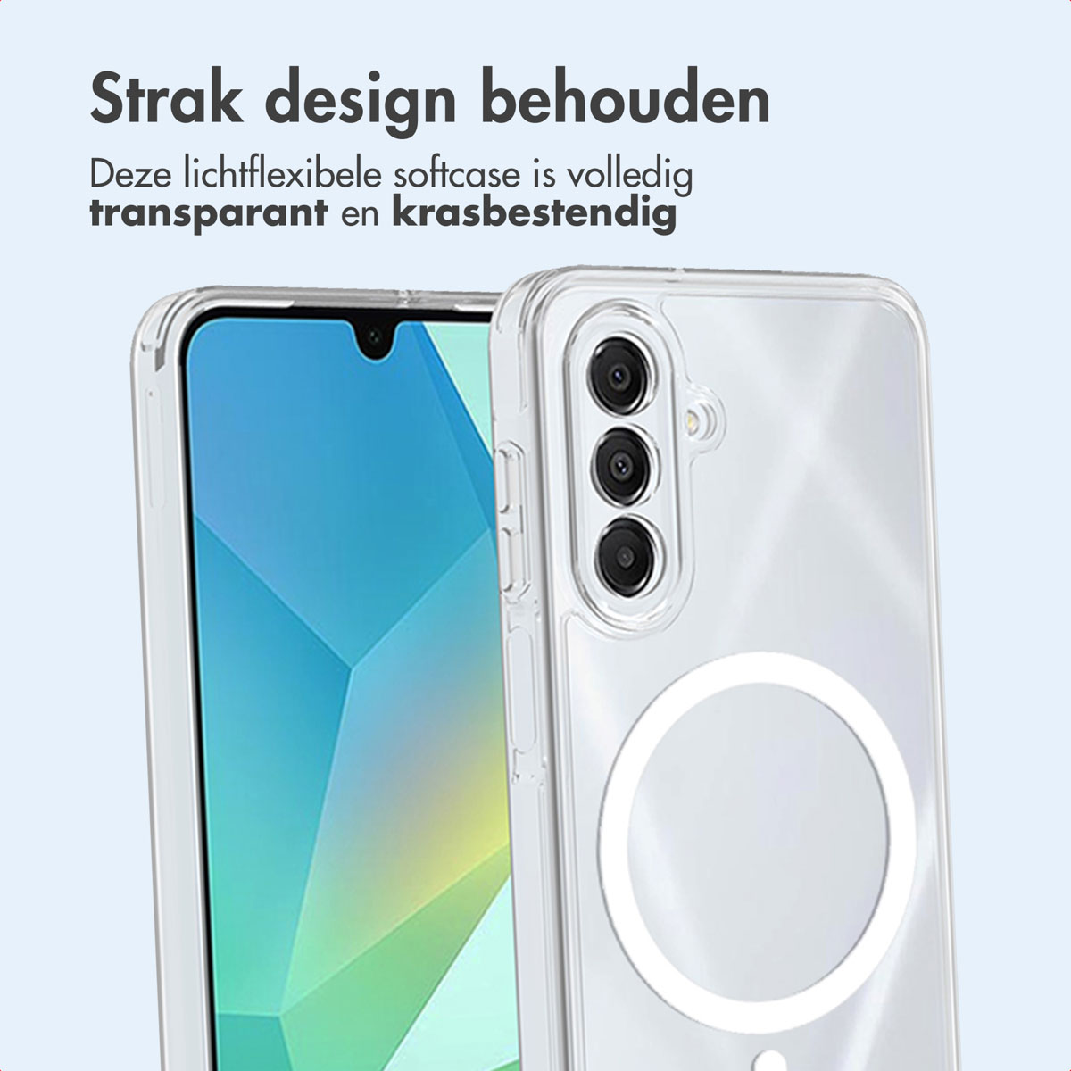 Una custodia trasparente per telefono è mostrata su un telefono. La custodia ha un anello magnetico.