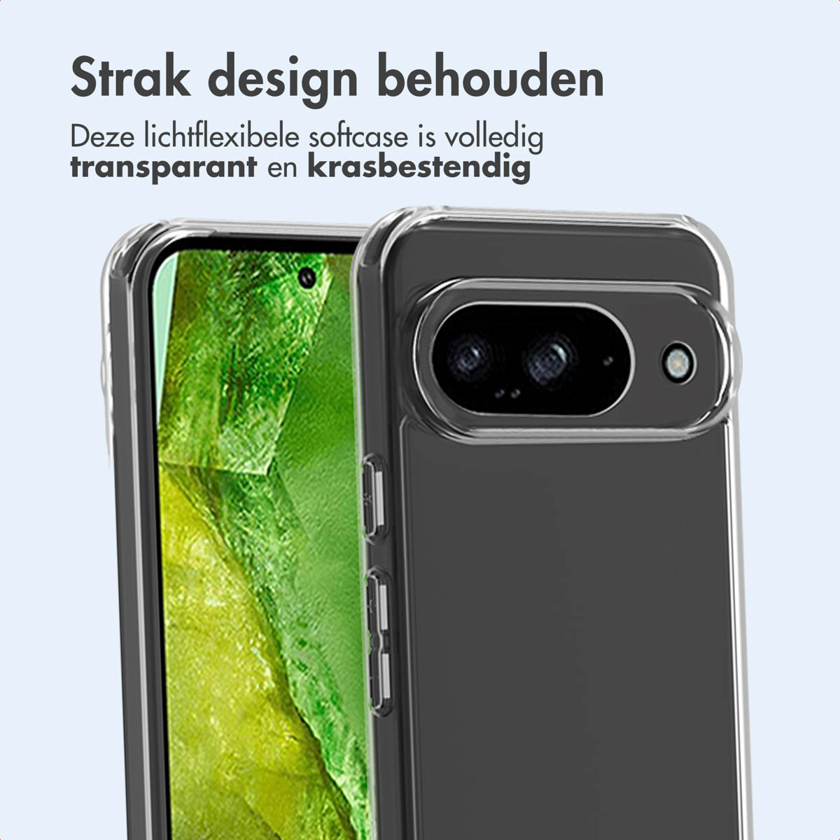 Un étui de téléphone sur un fond clair. Une partie de l'étui est visible, montrant un design transparent.