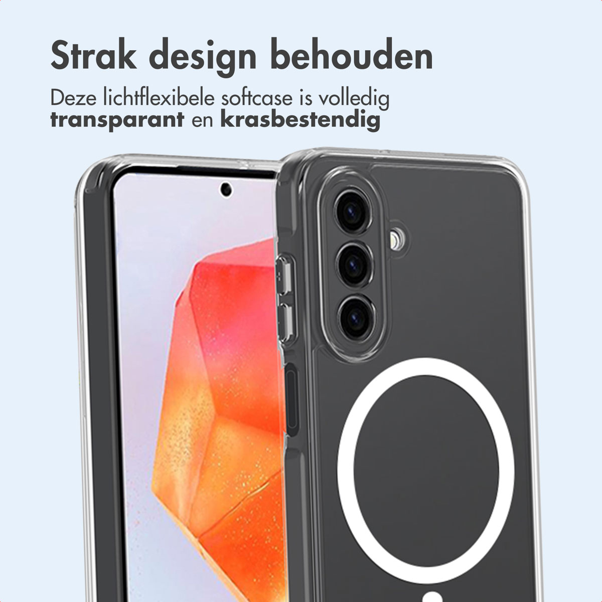 Un étui de téléphone sur un fond clair. Une partie de l'étui est visible, montrant un design transparent.