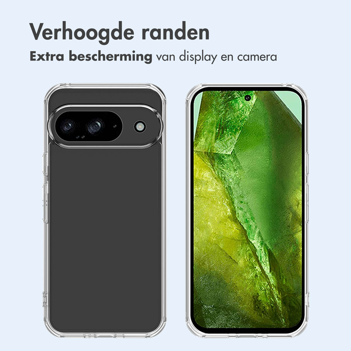 Deux téléphones dans des étuis transparents. Les dos sont visibles, montrant le design du téléphone. Les étuis ont des bords relevés.