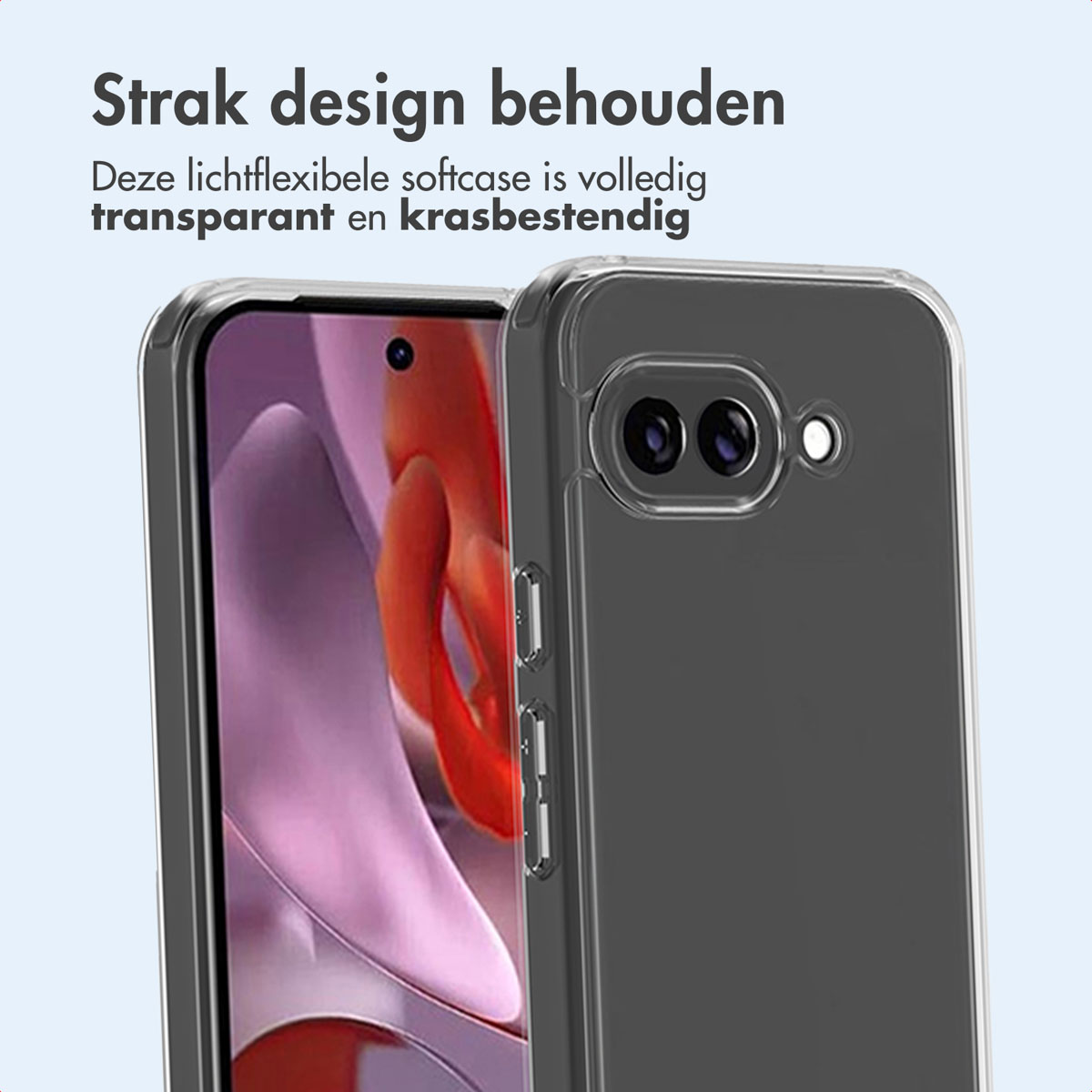 Transparante telefoonhoes op telefoon. Scherm met kleurrijke afbeelding. Tekst: Strak design behouden.