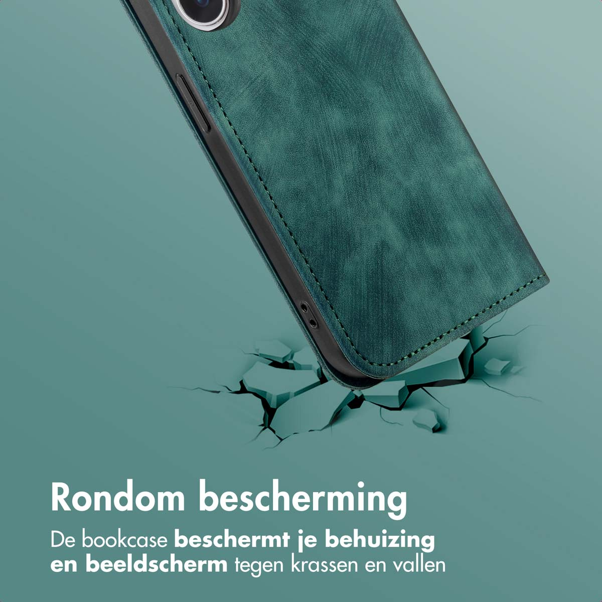 Teal Handyhülle fällt zu Boden. Boden hat Risse. Text: Rondon bescherming.