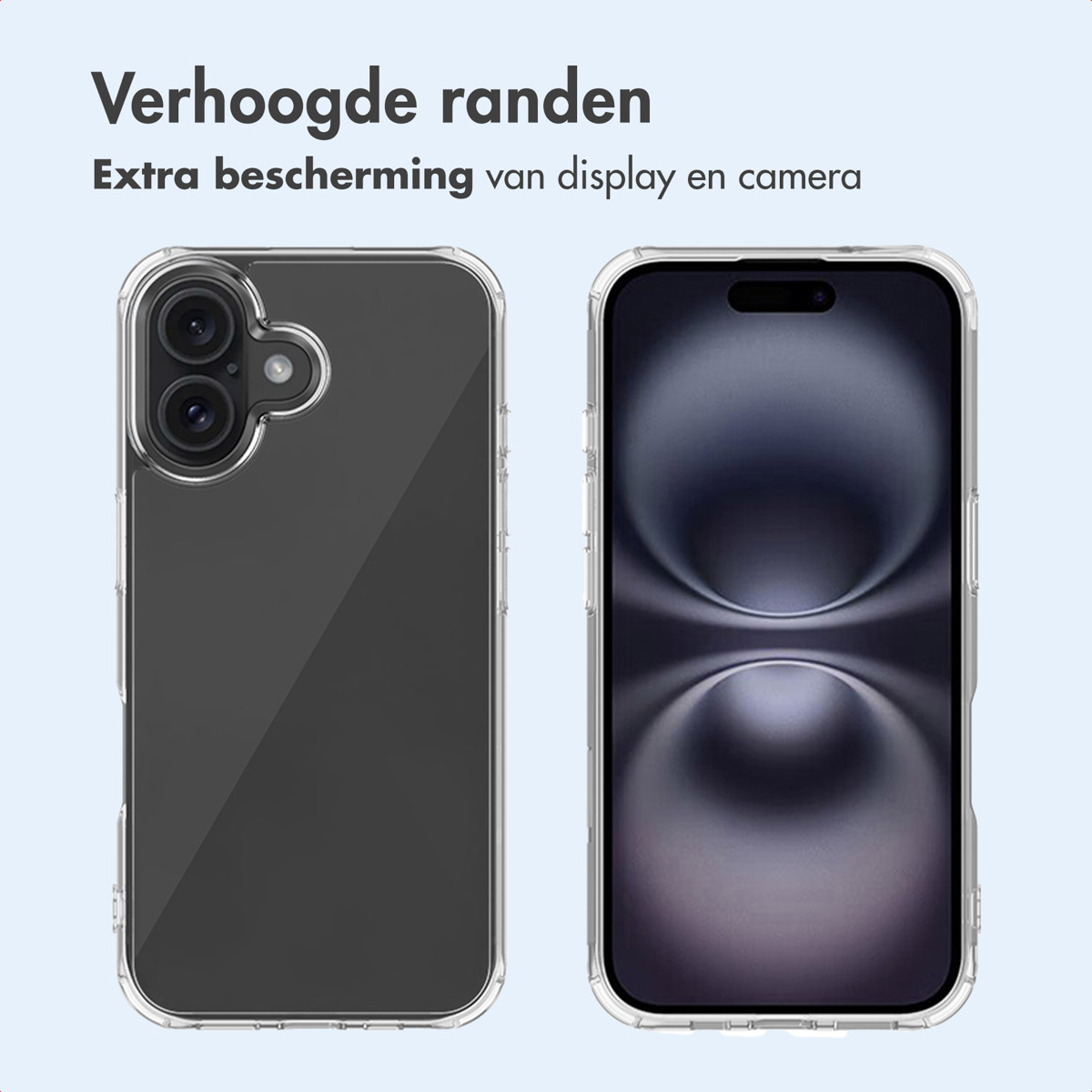 Deux téléphones avec des coques transparentes. Texte : Bords surélevés. Protection supplémentaire pour l'écran et l'appareil photo.