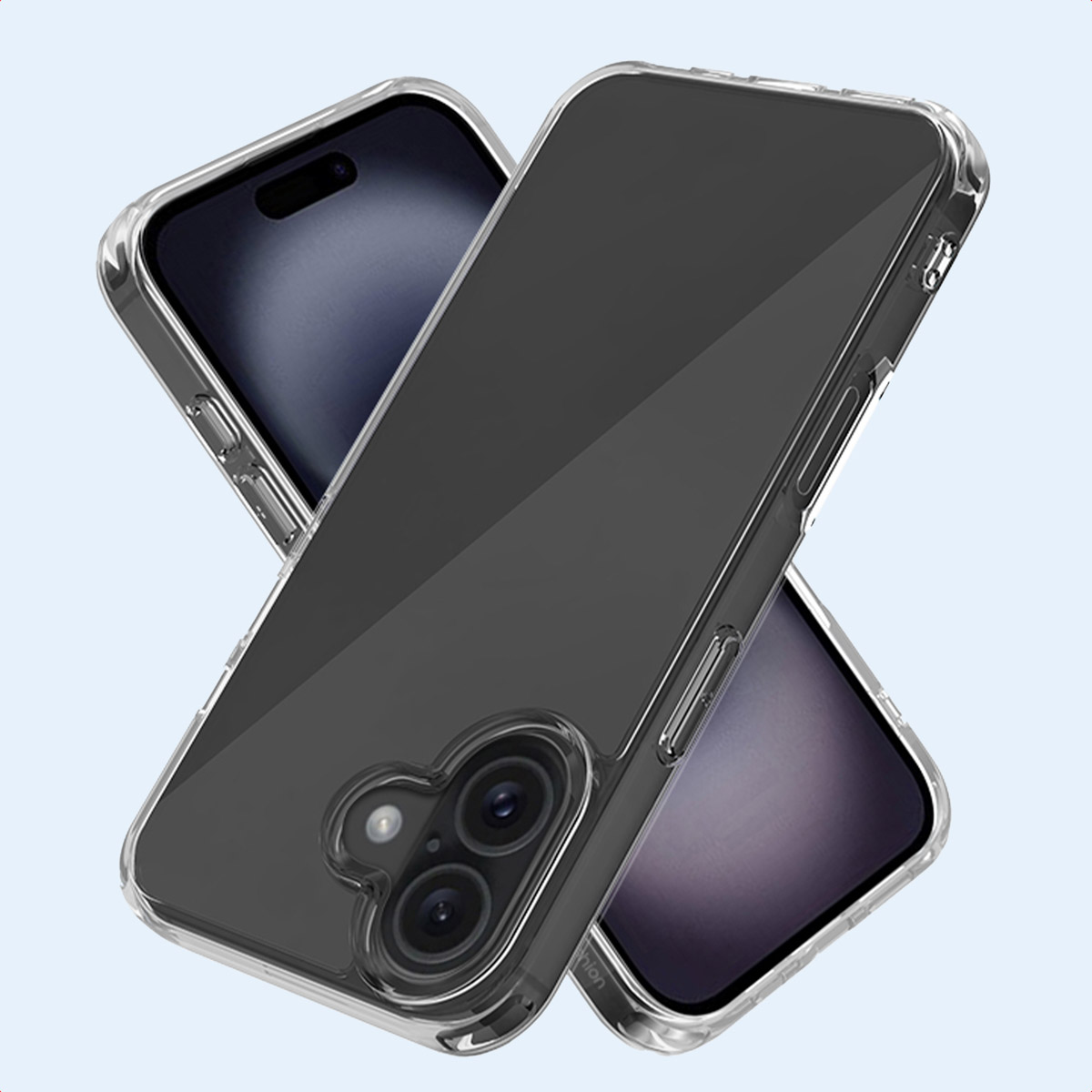 Trois téléphones avec des coques transparentes. Texte : Bords surélevés. Protection supplémentaire pour l'écran et l'appareil photo.
