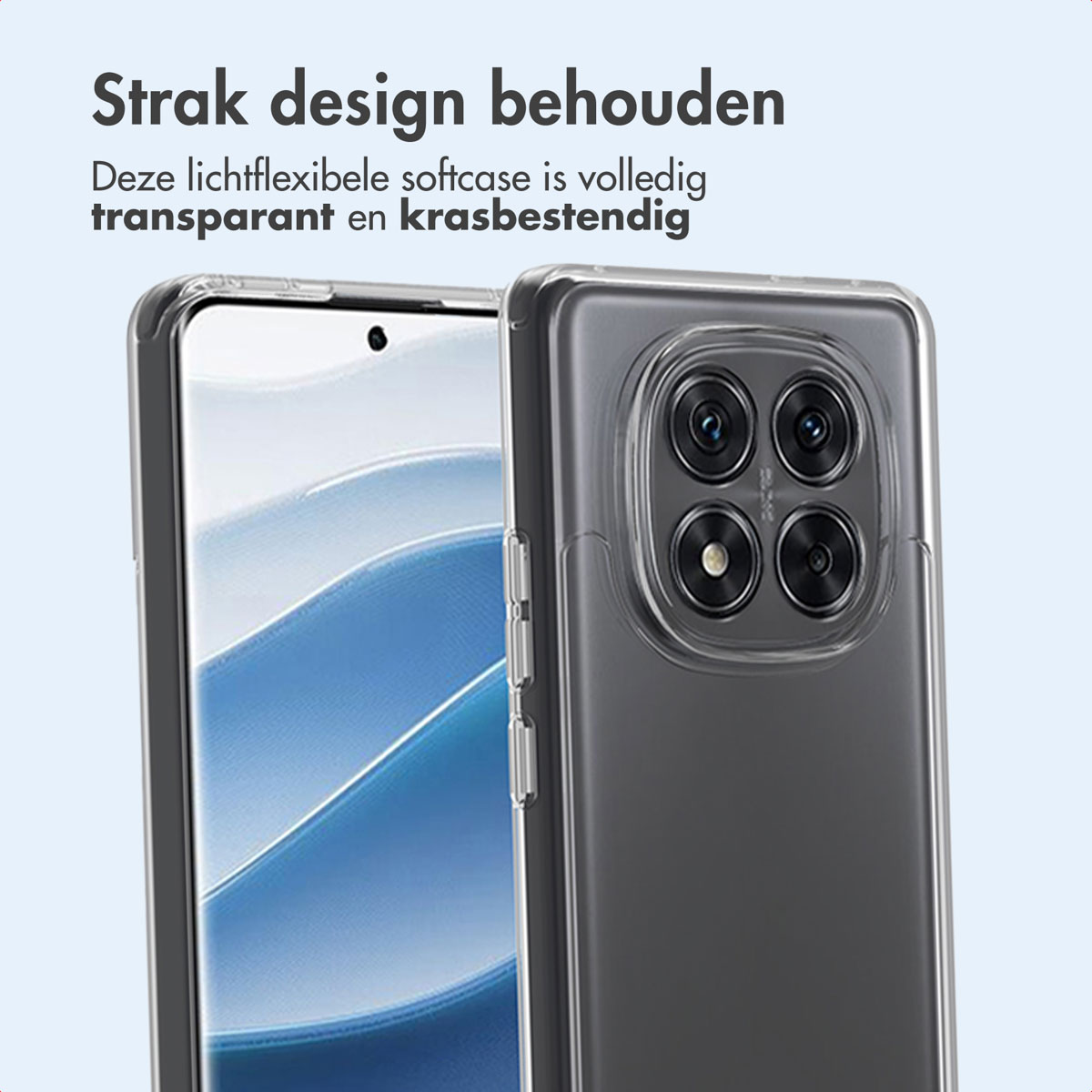 Coque de téléphone transparente. Le fond est bleu clair.