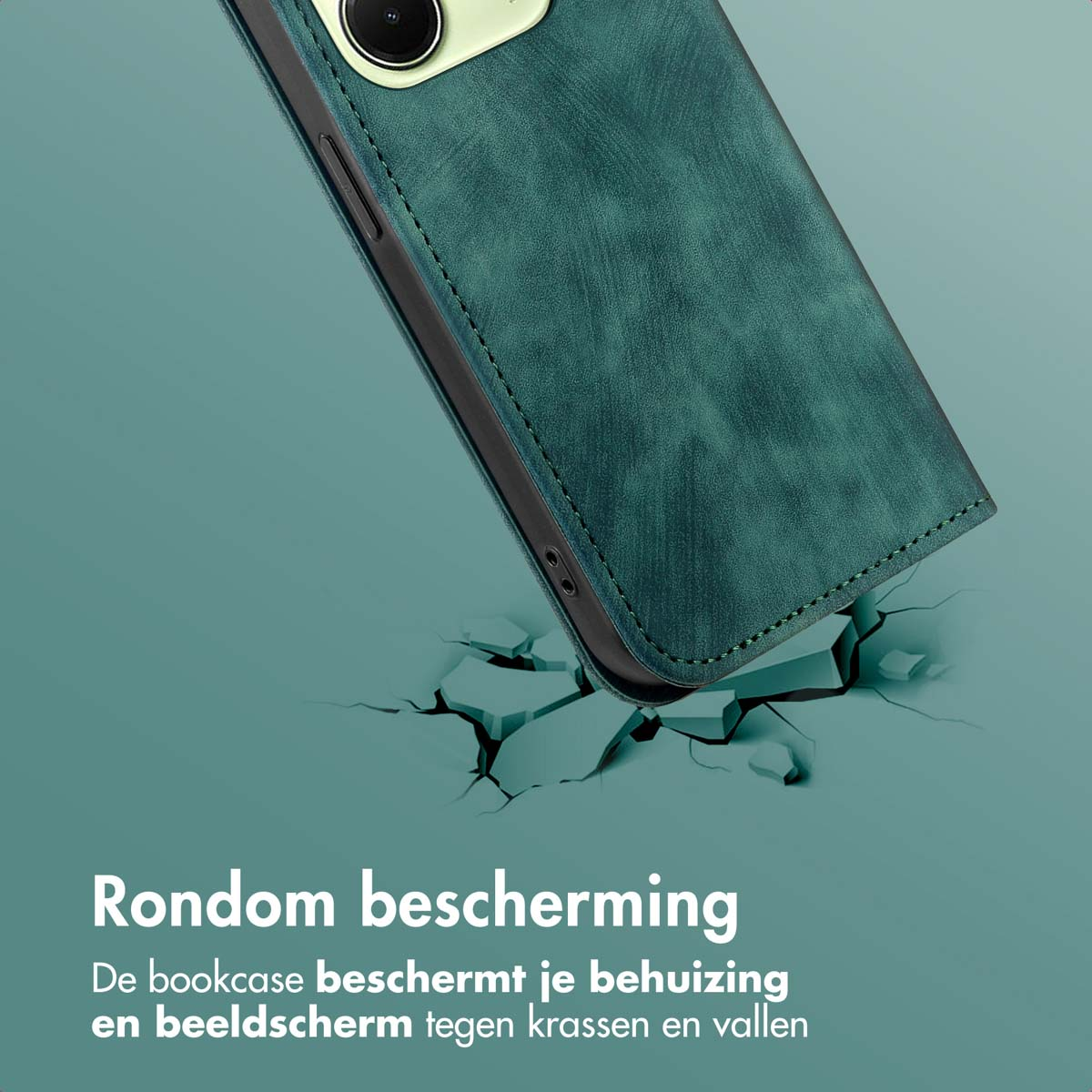 Een blauwgroene telefoonhoes op een gebarsten oppervlak. De hoes lijkt op leer.