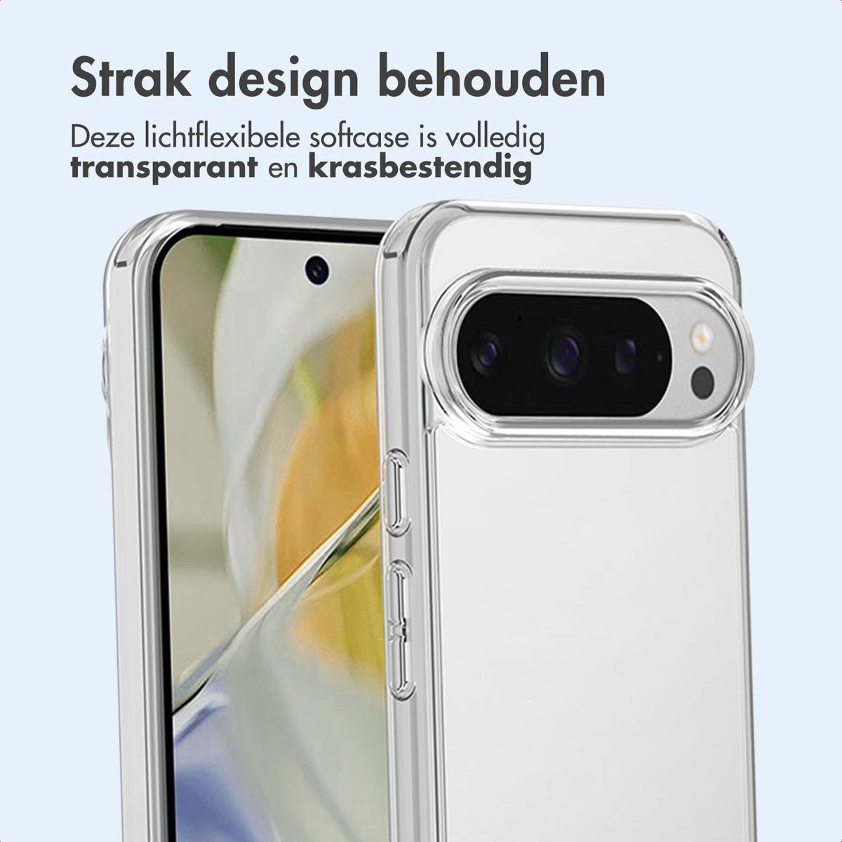 Transparante telefoonhoes op telefoon. Scherm met afbeelding. Tekst: Strak design behouden.