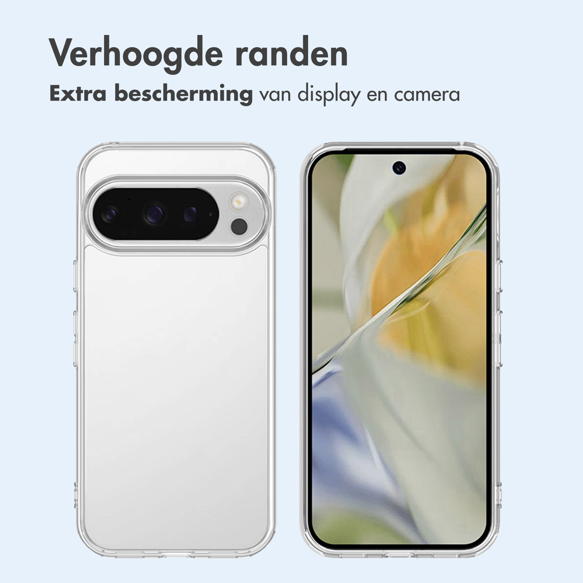 Twee transparante telefoonhoesjes. Eén toont de achterkant van een telefoon, de ander de voorkant.