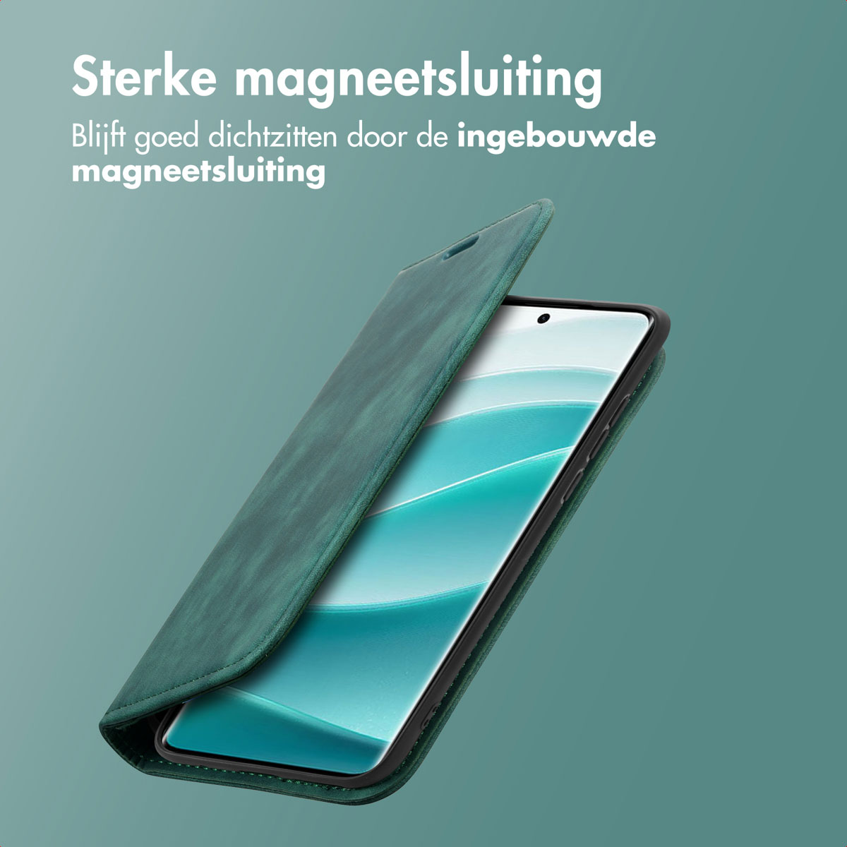 Coque verte avec téléphone. Texte : Fermeture magnétique puissante. Reste fermé grâce à la fermeture magnétique.