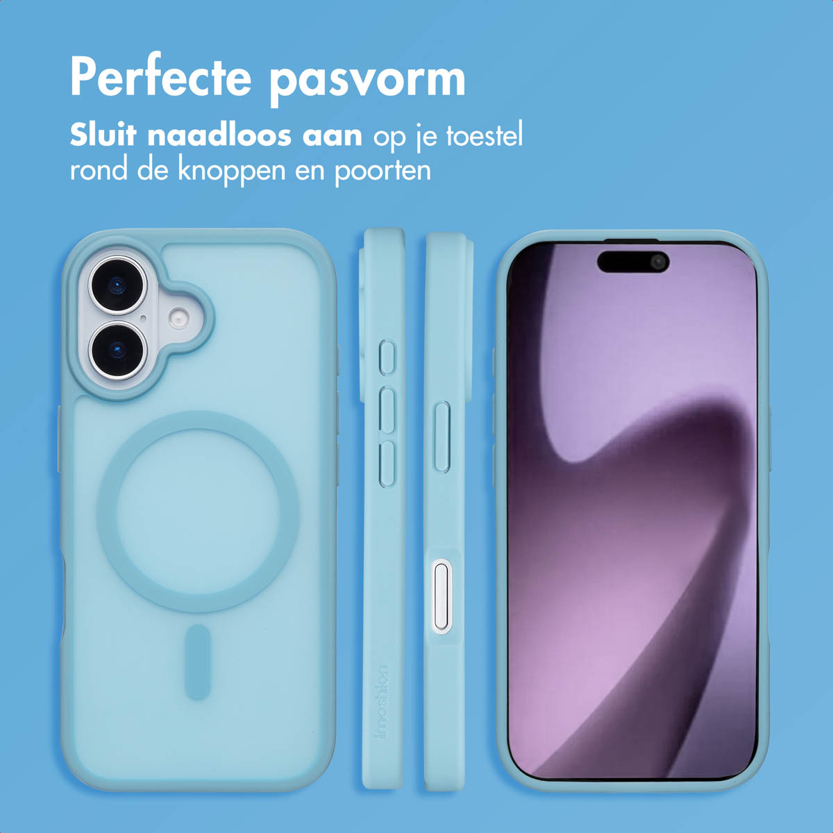 Een blauwe telefoonhoes. Teksten: Perfecte pasvorm, Sluit naadloos aan op je toestel rond de knoppen en poorten.
