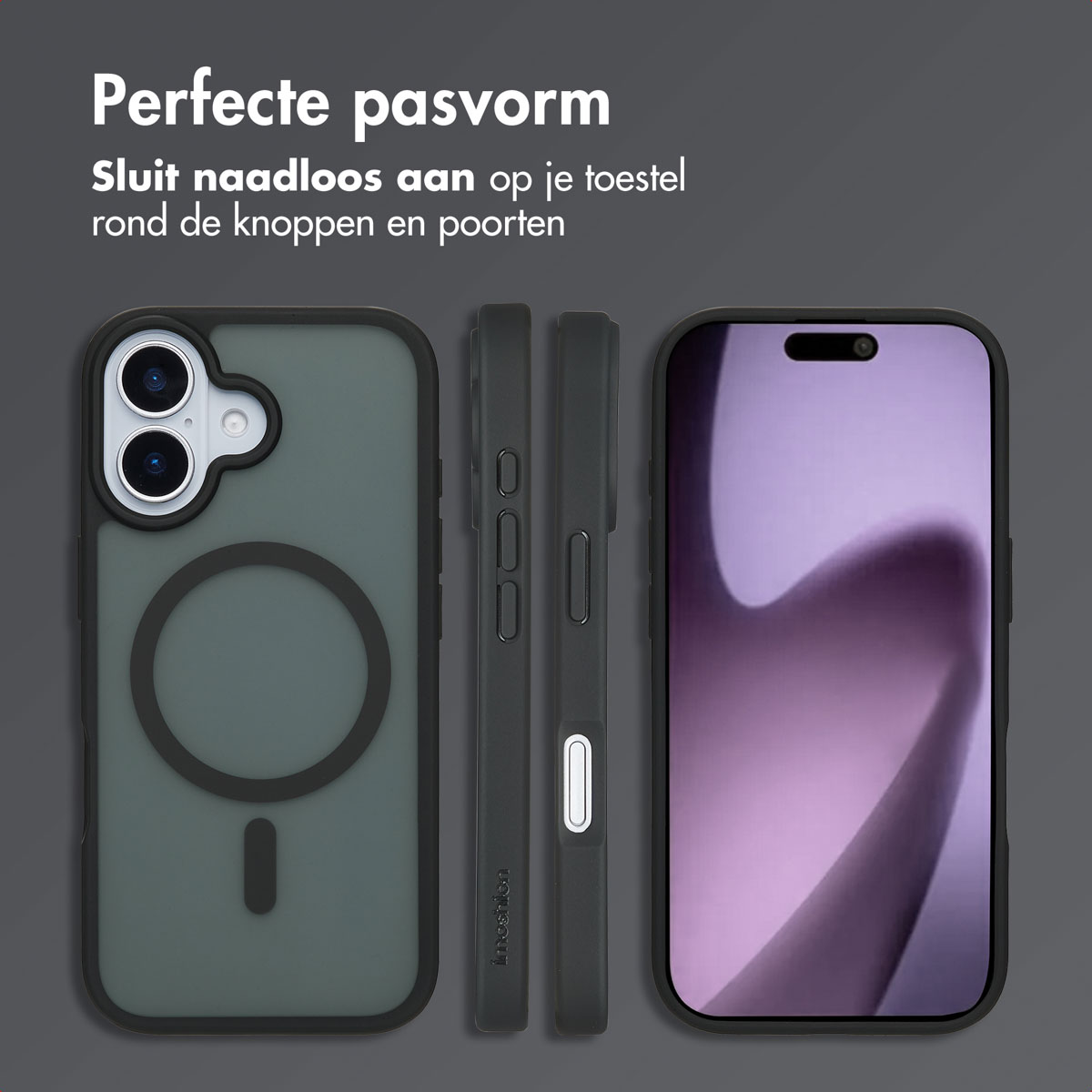Telefoonhoes in drie aanzichten, groene kleur. Het telefoonscherm wordt getoond.
