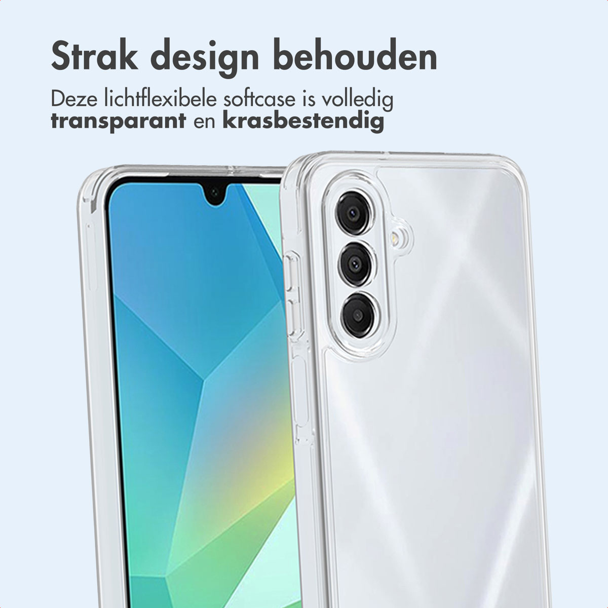 Une coque transparente sur un téléphone. Textes: Strak design behouden, Deze lichtflexibele softcase is volledig transparant en krasbestendig.
