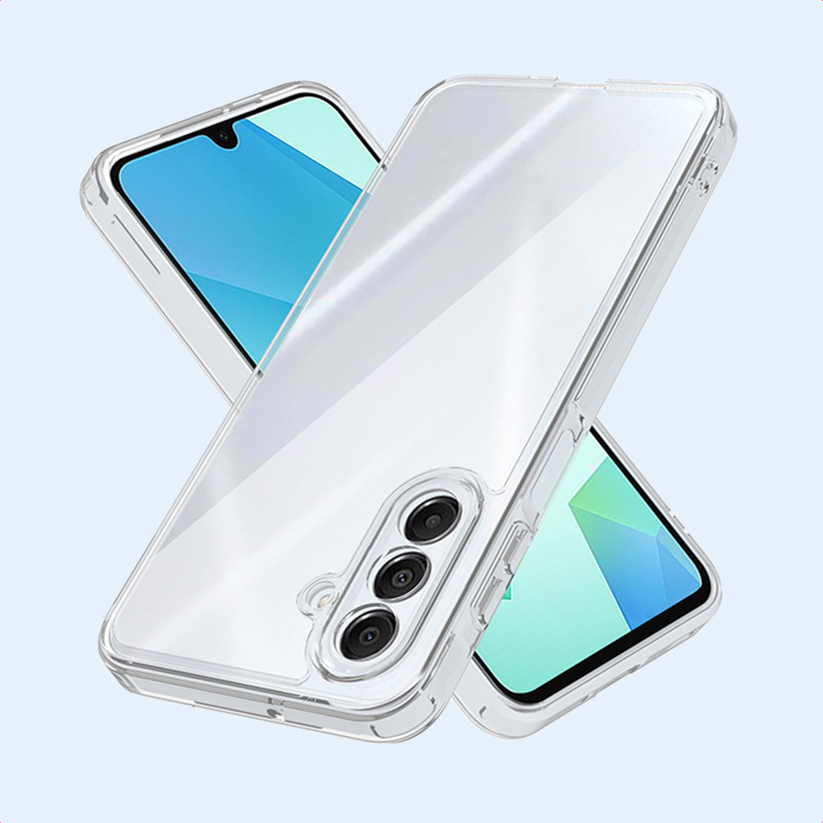 Coque transparente sur un téléphone. Textes: Strak design behouden, Deze lichtflexibele softcase is volledig transparant en krasbestendig.