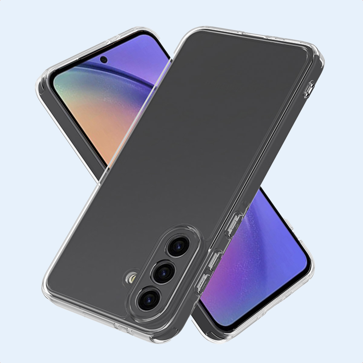 Transparante telefoonhoes op een telefoon. Teksten: Verhoogde randen, Extra bescherming van display en camera.