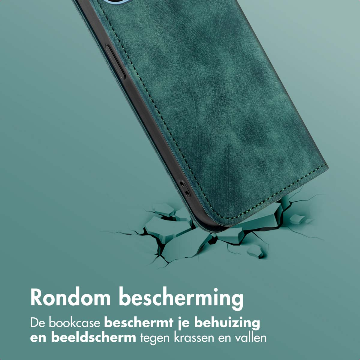 Een groene telefoonhoes op een gebarsten grijs oppervlak. De hoes is groen.