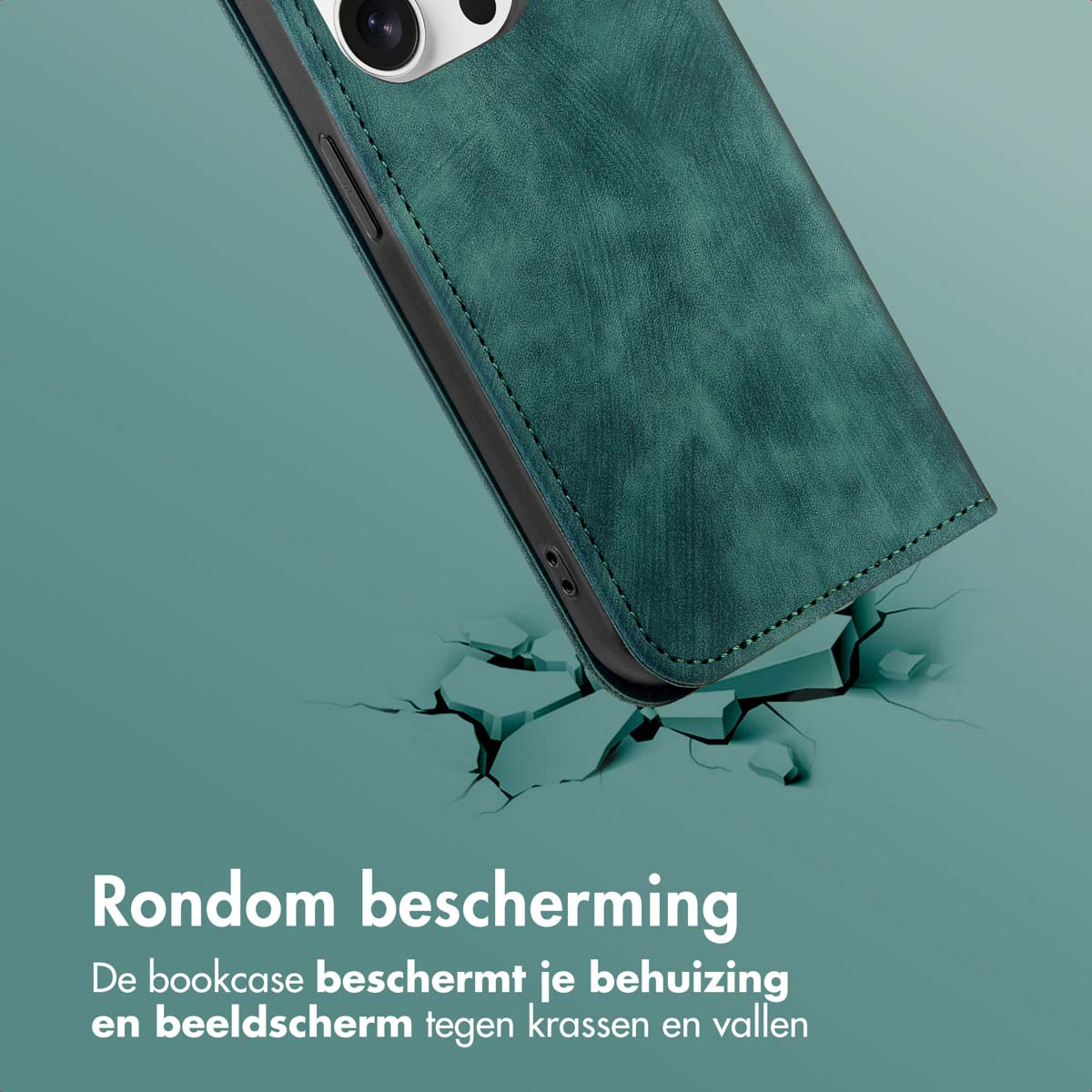 Une coque de téléphone en cuir vert. Textes: Rondon bescherming, De bookcase beschermt je behuizing en beeldscherm tegen krassen en vallen.