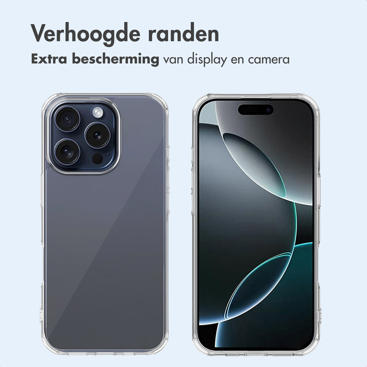 Deux téléphones dans des coques transparentes. Fond bleu clair.
