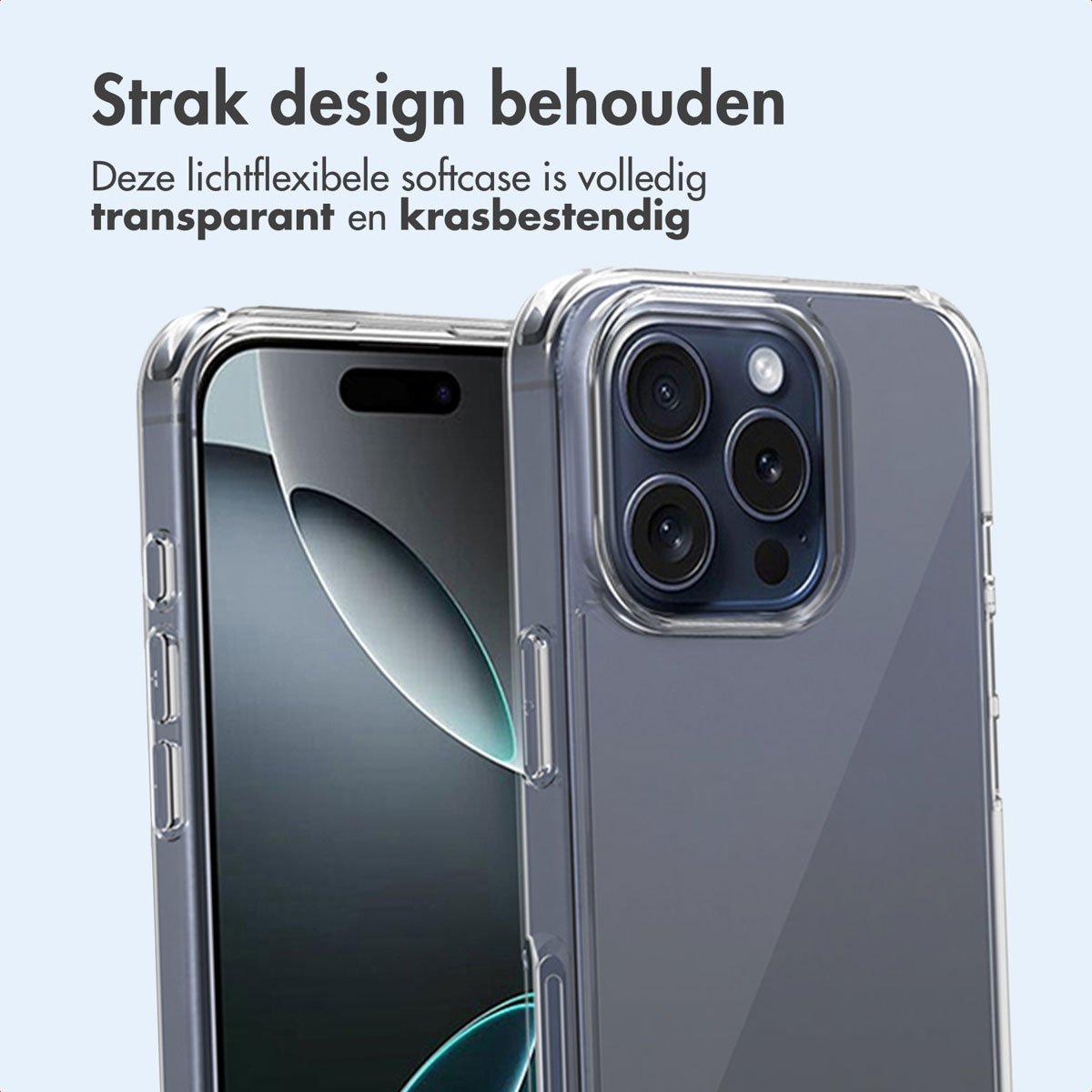 Une coque transparente sur un téléphone. Fond bleu clair.