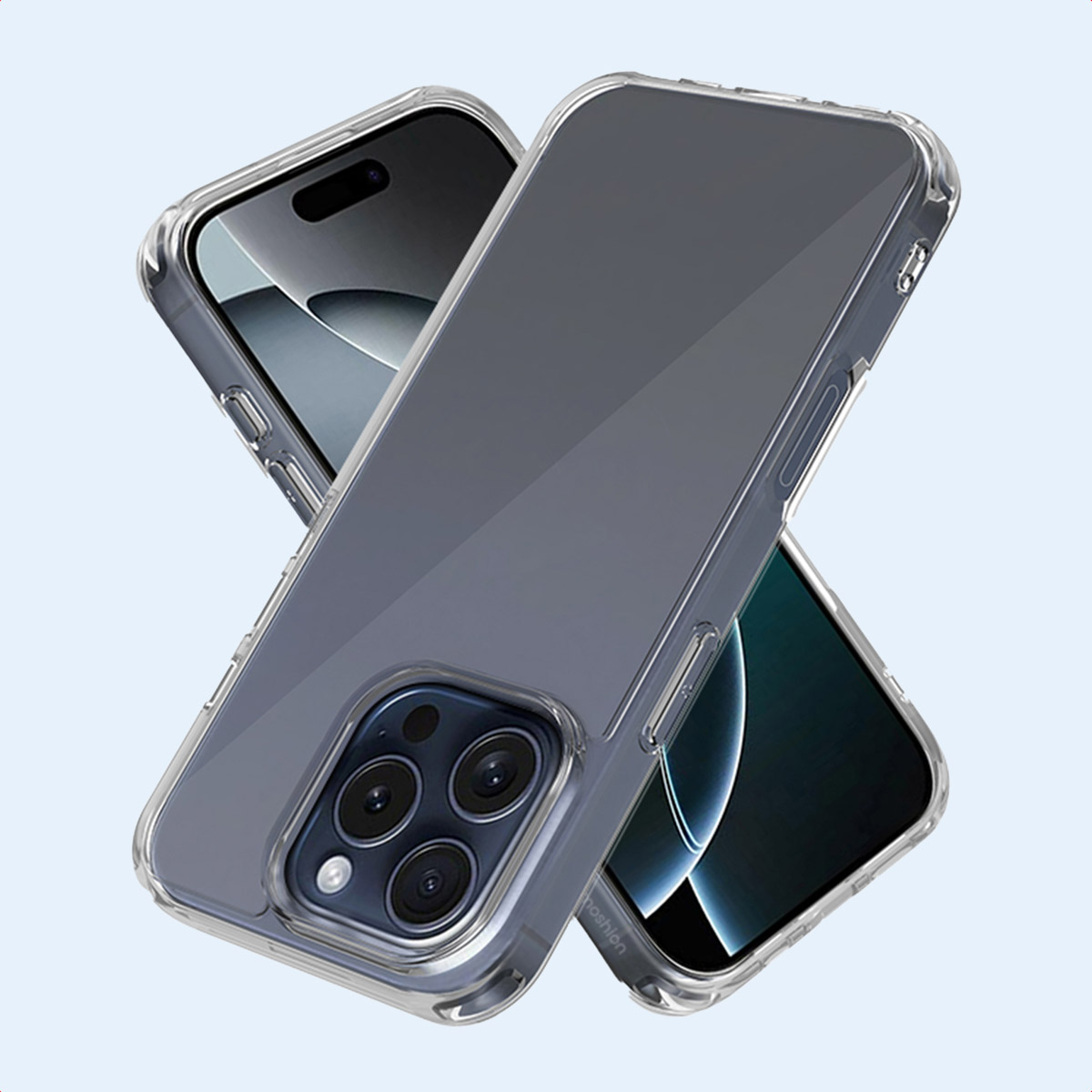 Coque transparente sur un téléphone. Textes: Strak design behouden, Deze lichtflexibele softcase is volledig transparant et krasbestendig.