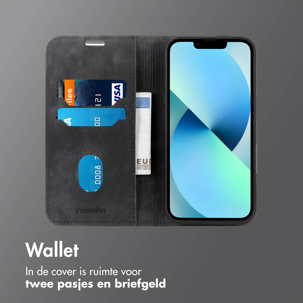 Wallet-Etui mit Telefon, Karten und Geld. Grauer Hintergrund.