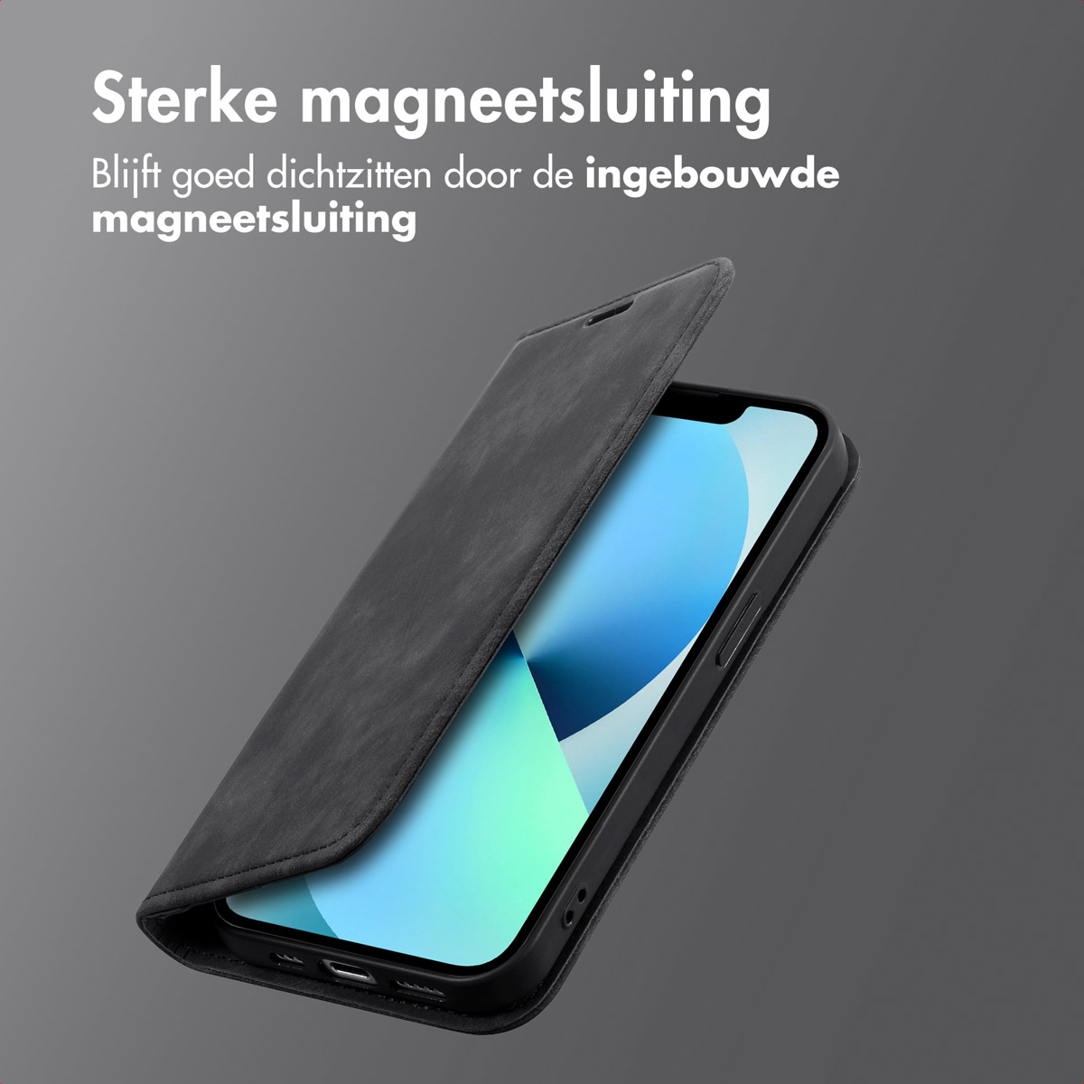 Eine schwarze Handyhülle mit Bildschirm. Die Hülle ist geöffnet und zeigt den Bildschirm des Telefons.