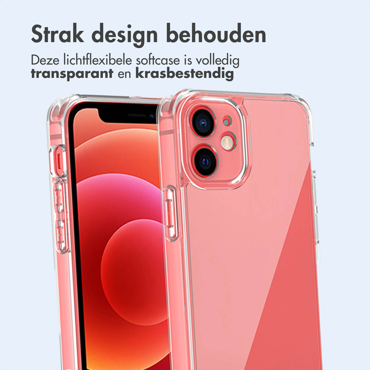 Une coque transparente sur un téléphone rose. Fond bleu clair.