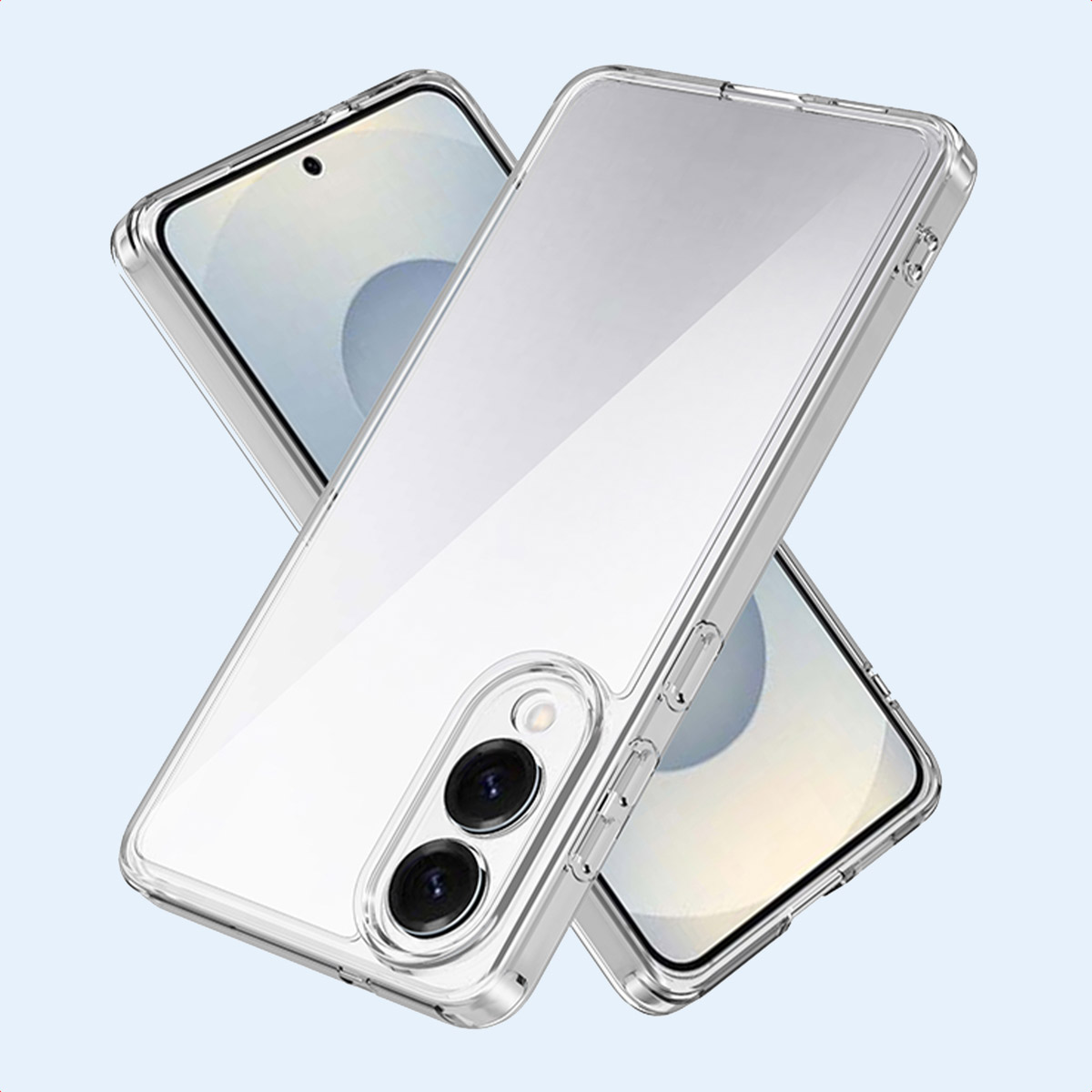 Due telefoni in custodie trasparenti, leggermente sovrapposti su sfondo azzurro.