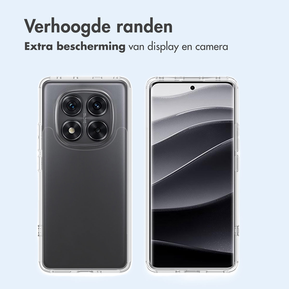 Twee telefoons in doorzichtige hoesjes. Links de achterkant, rechts het scherm.